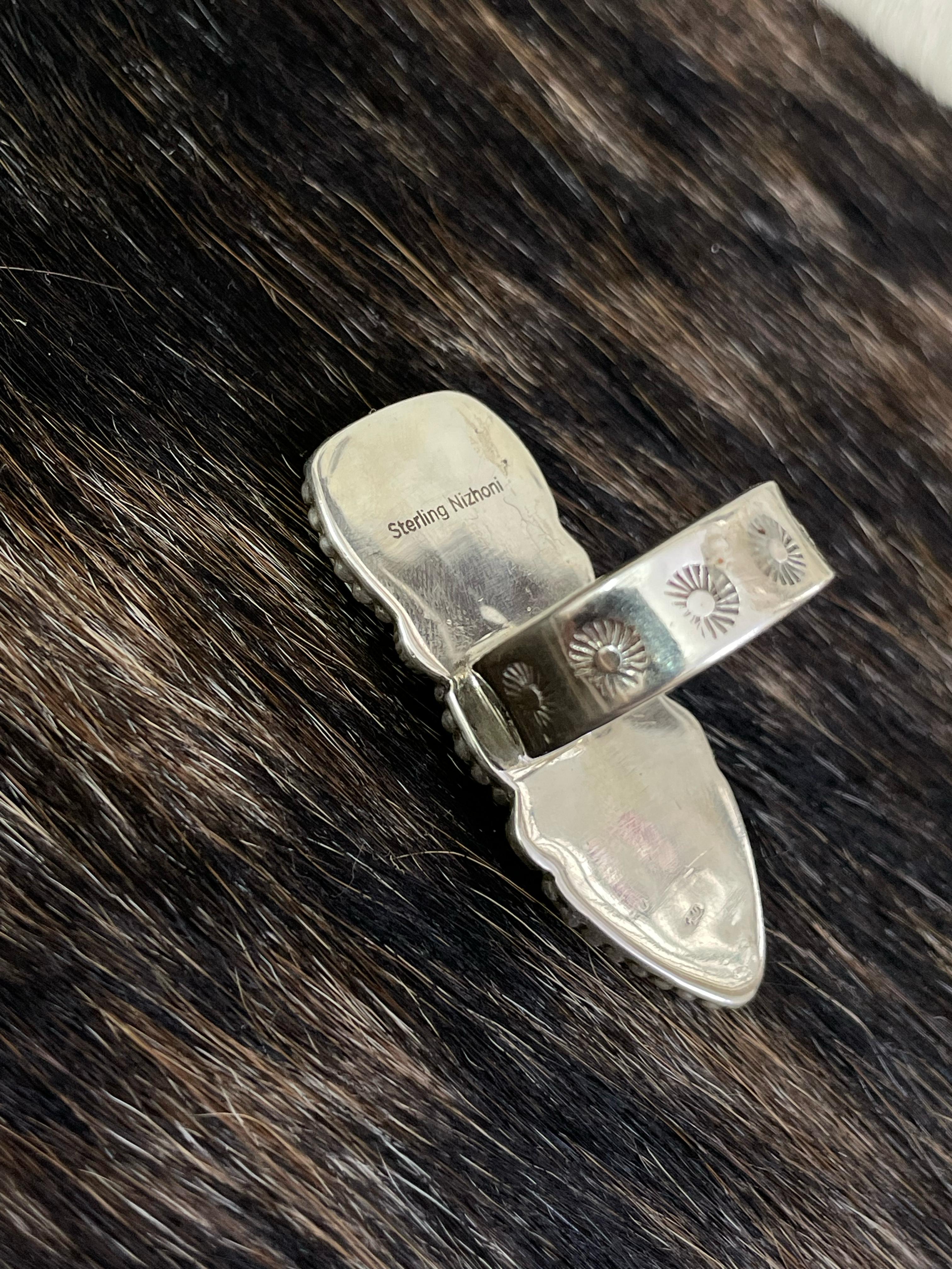 Handmade Sterling Silver Mint Dahlia Adjustable Ring with Signed Nizhoni