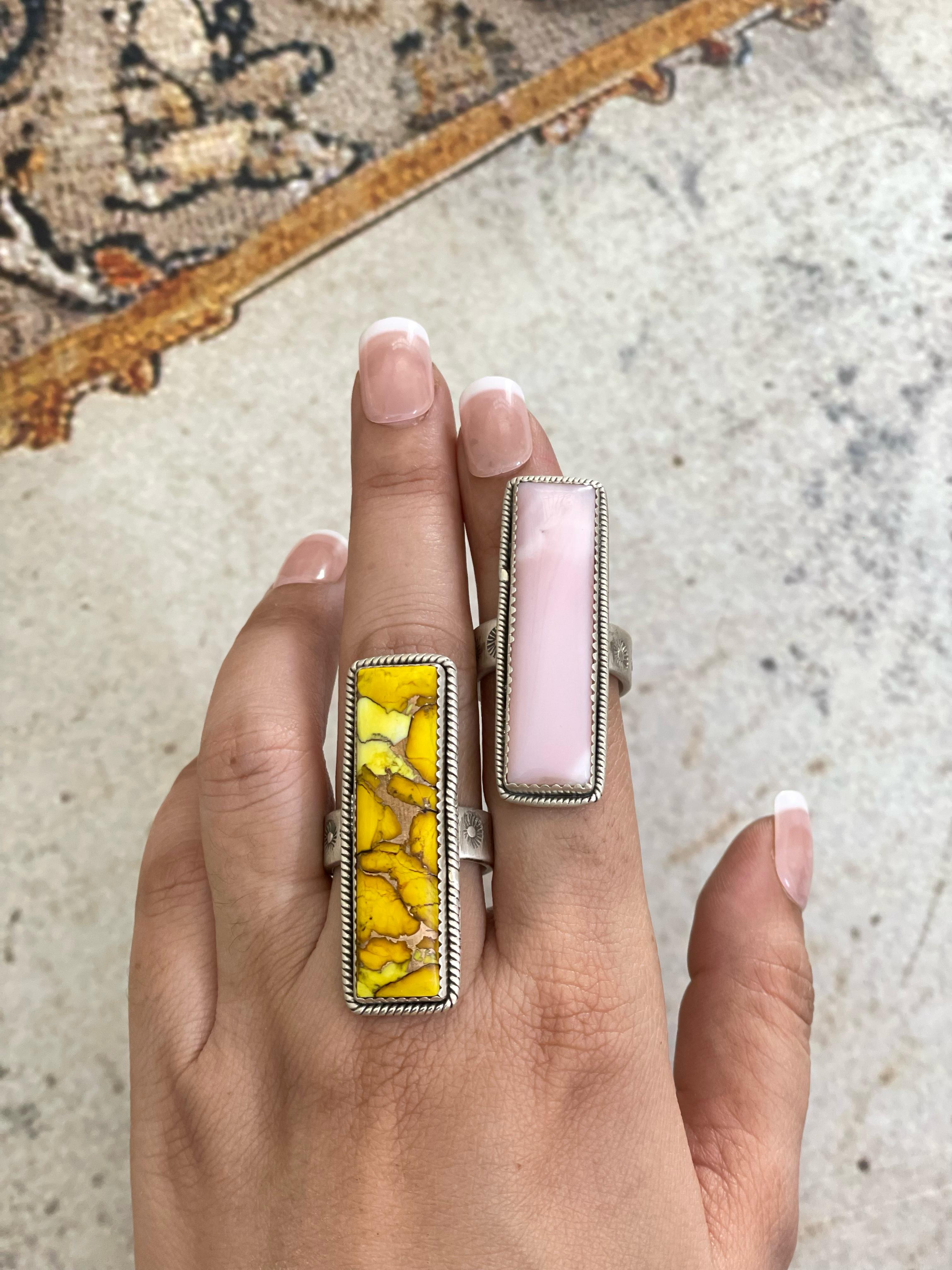 Handmade Sterling Silver Honey Dahlia, Pink Opal Adjustable Ring with Signed Nizhoni