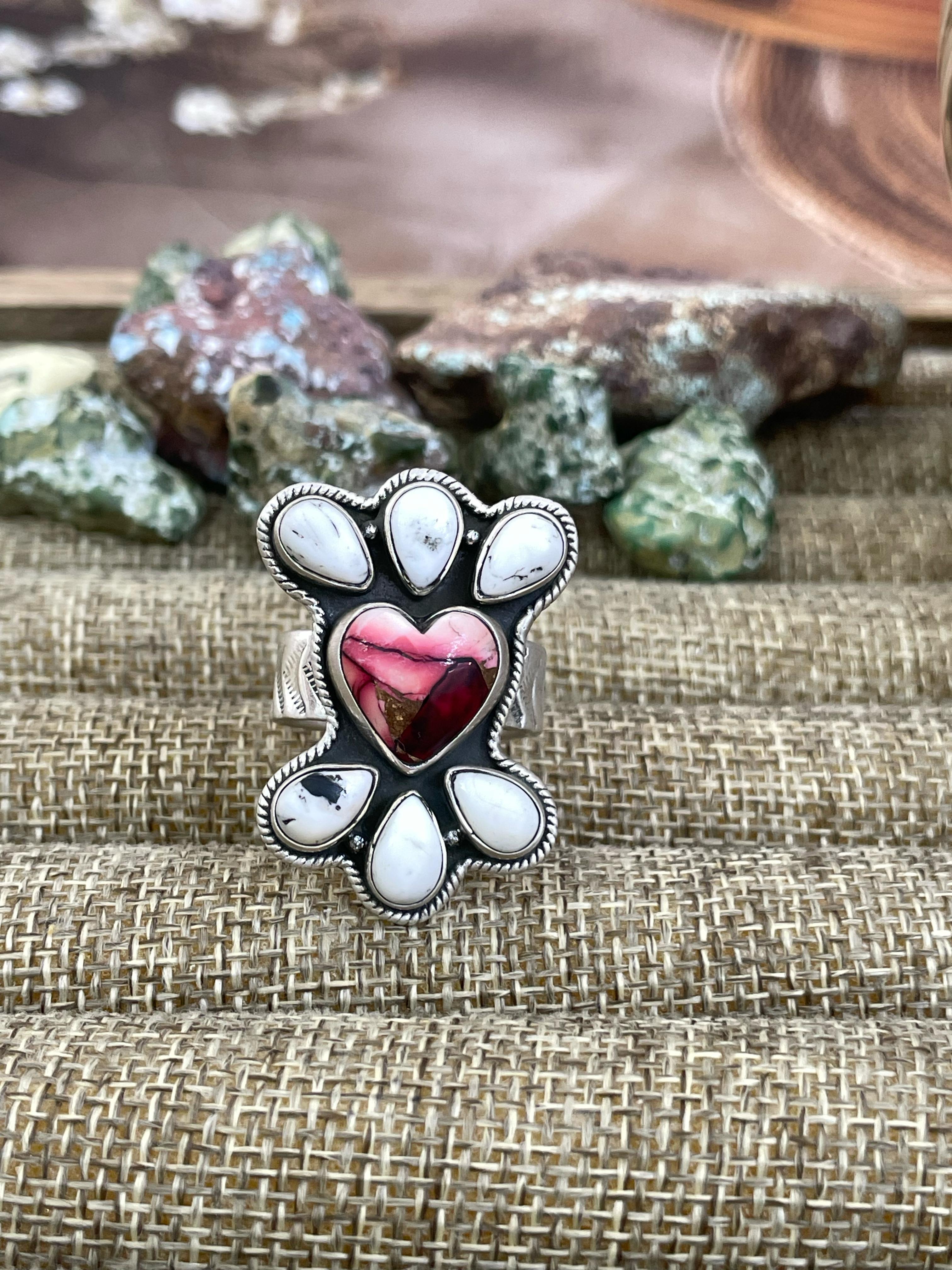 Handmade Sterling Silver Dahlia Rose with White Buffalo Turquoise Adjustable Ring, Signed Nizhoni