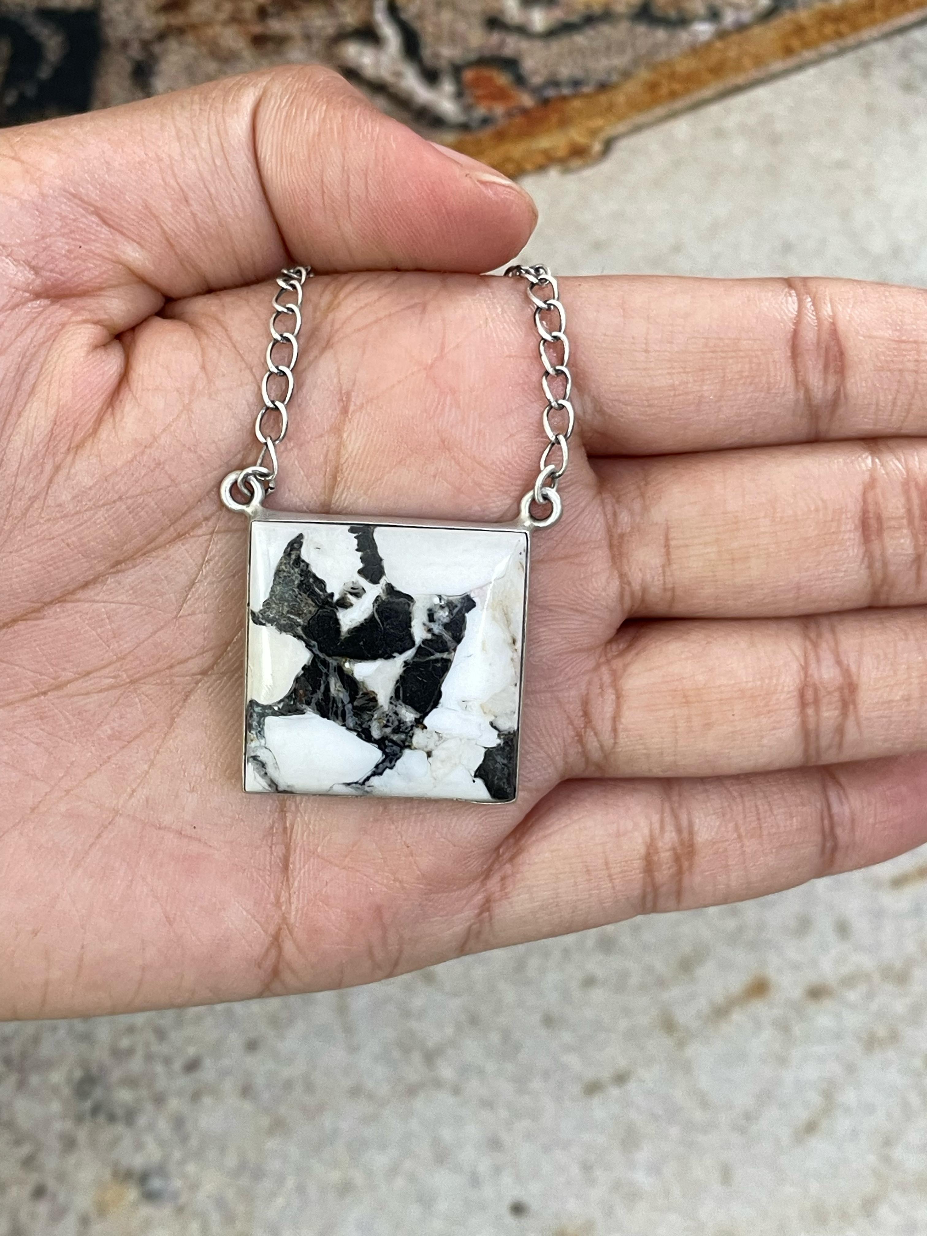 Handmade Sterling Silver White Buffalo Turquoise Necklace with Signed Nizhoni