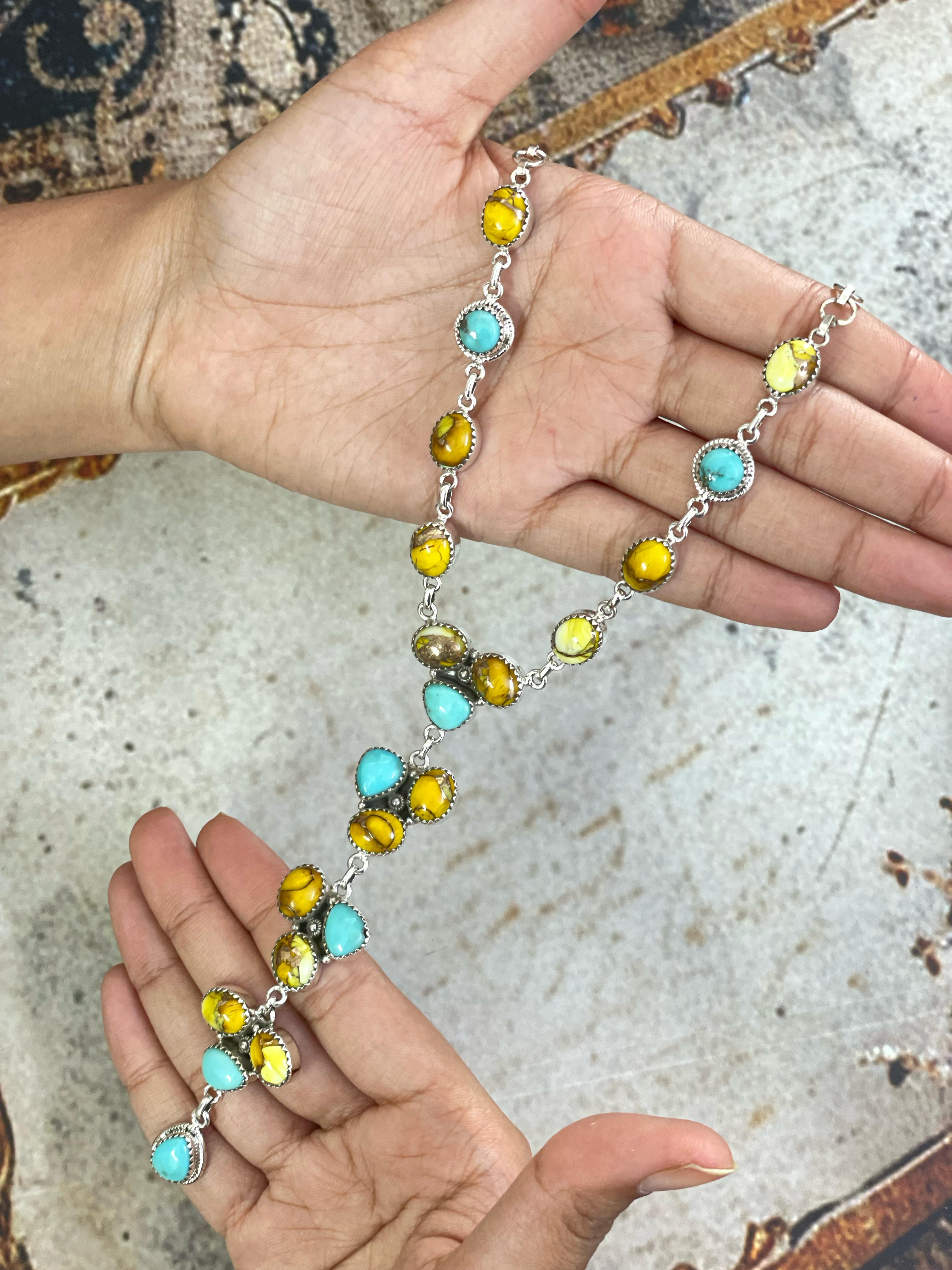 Handmade Sterling Silver Honey Dahlia with Kingman Turquoise Necklace with Signed Nizhoni