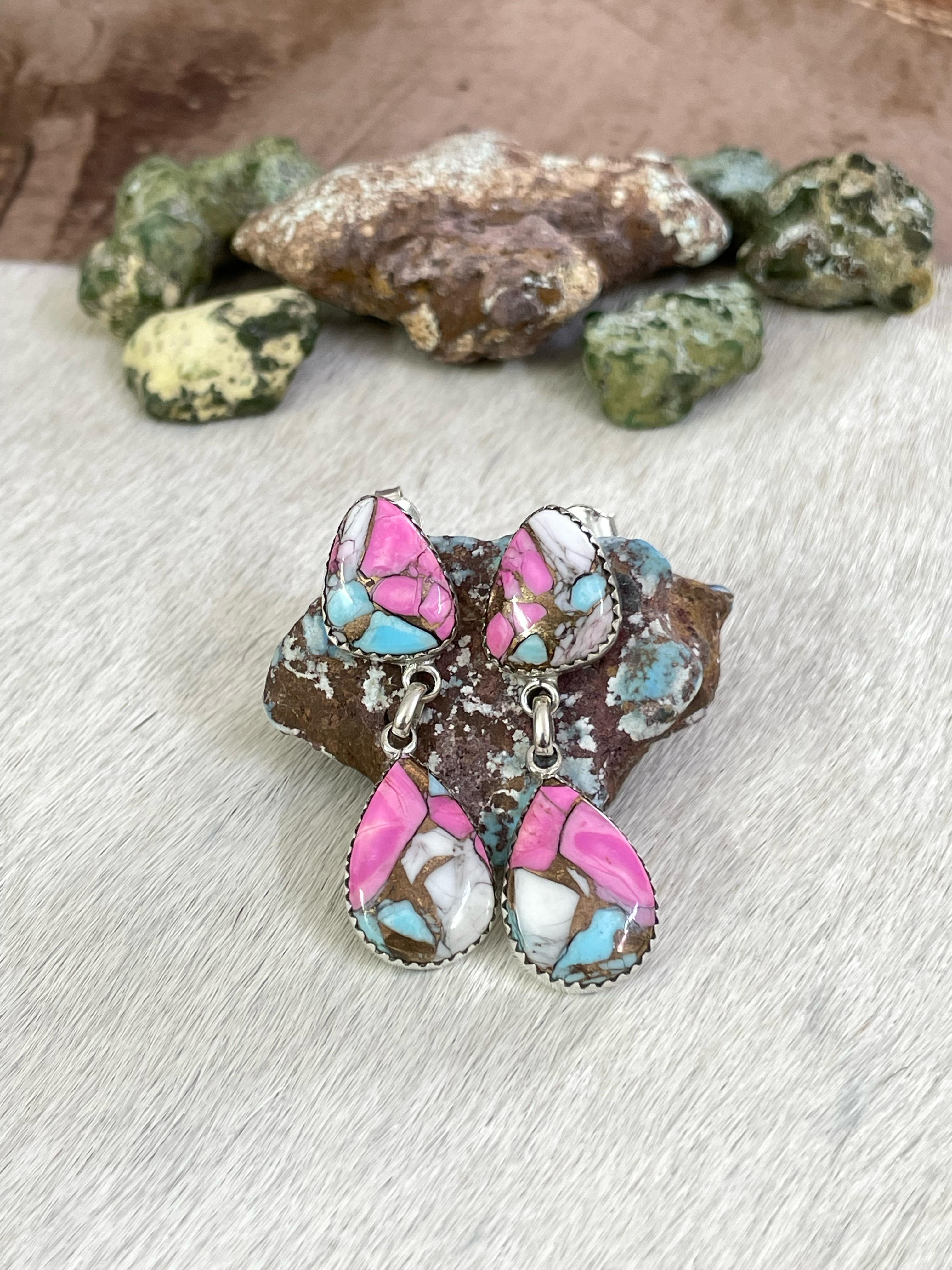 Handmade Sterling Silver Cotton Candy Turquoise Post Earrings with Signed Nizhoni