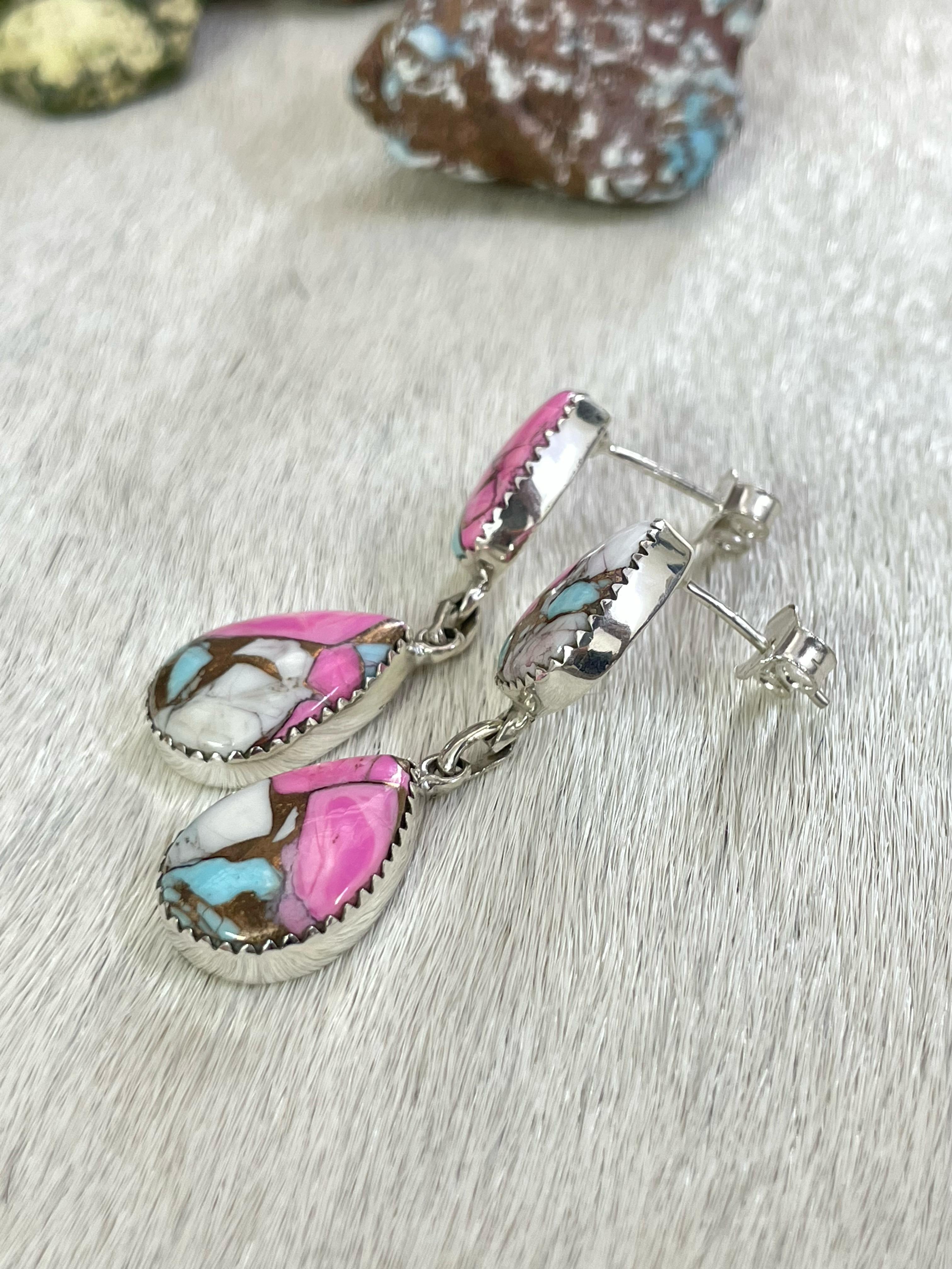 Handmade Sterling Silver Cotton Candy Turquoise Post Earrings with Signed Nizhoni