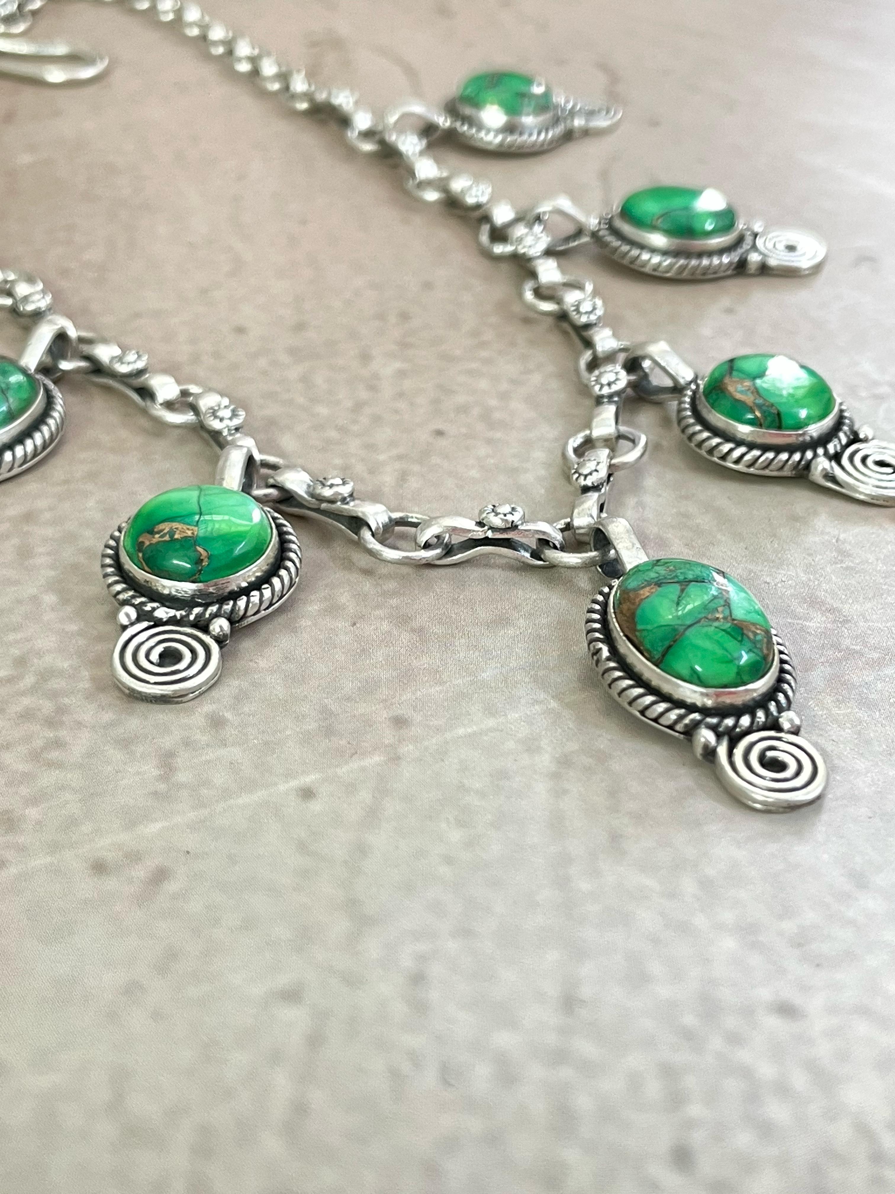 Handmade Sterling Silver Kelly Green Dahlia Necklace with Signed Nizhoni