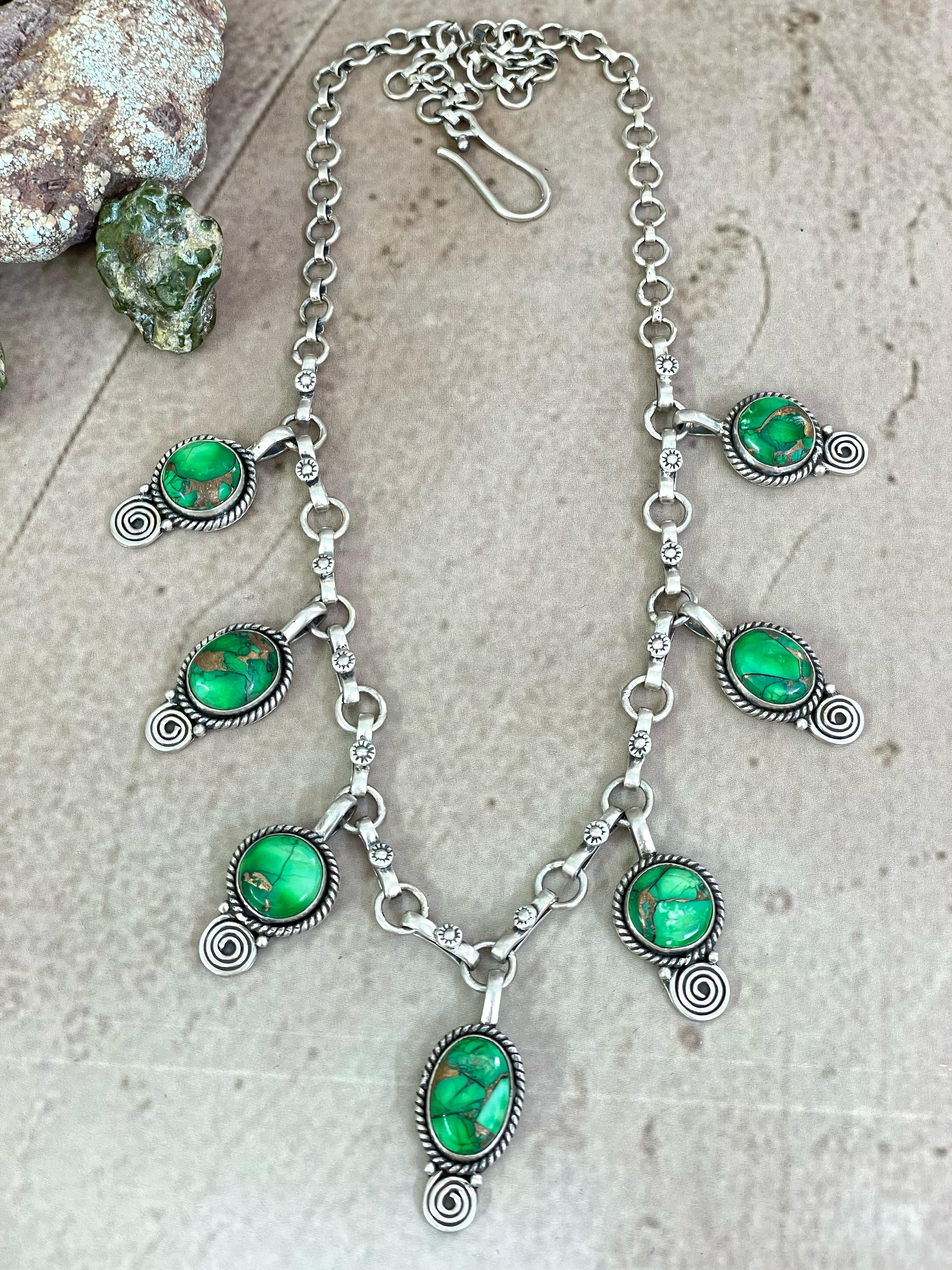 Handmade Sterling Silver Kelly Green Dahlia Necklace with Signed Nizhoni