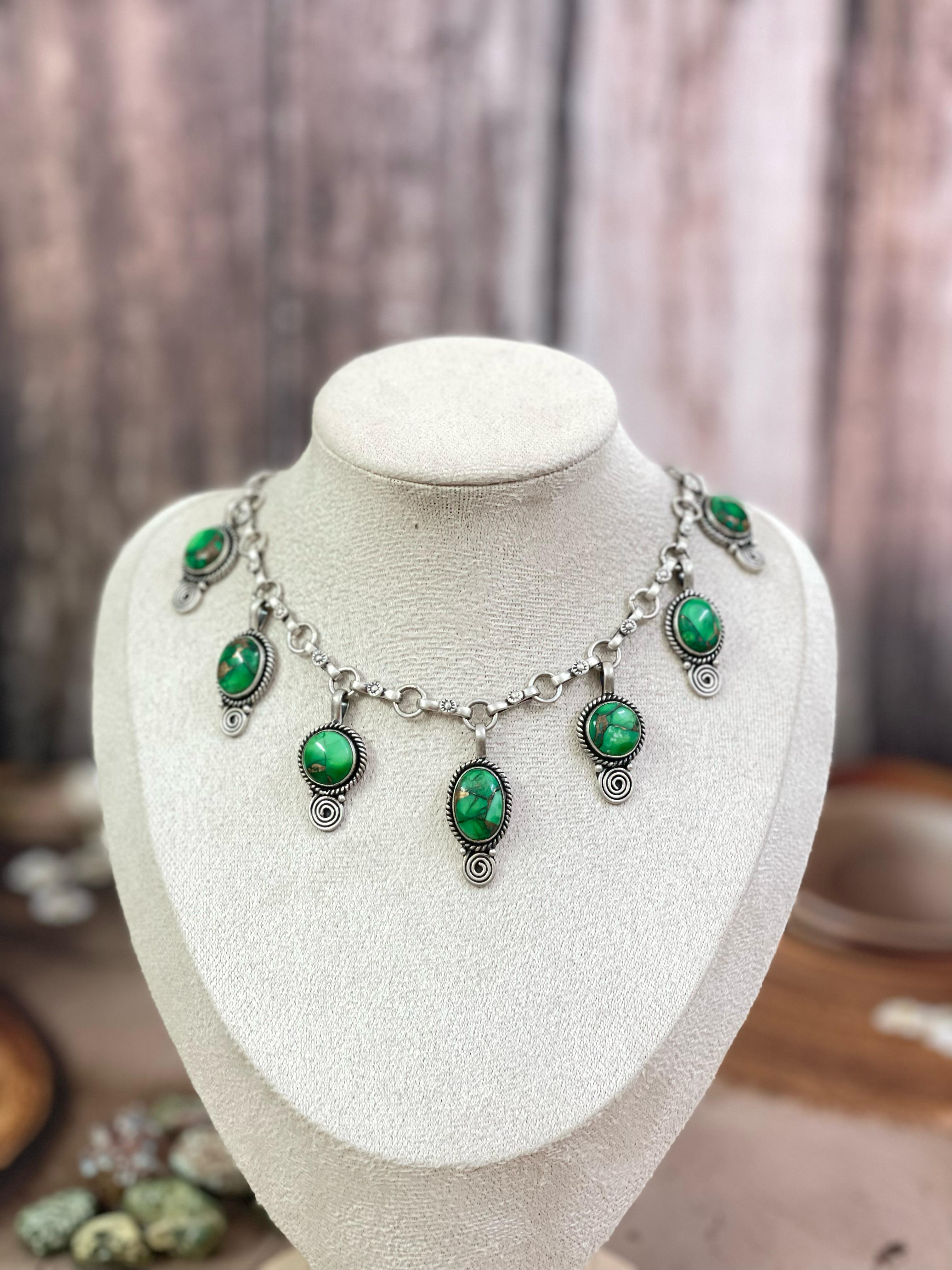 Handmade Sterling Silver Kelly Green Dahlia Necklace with Signed Nizhoni