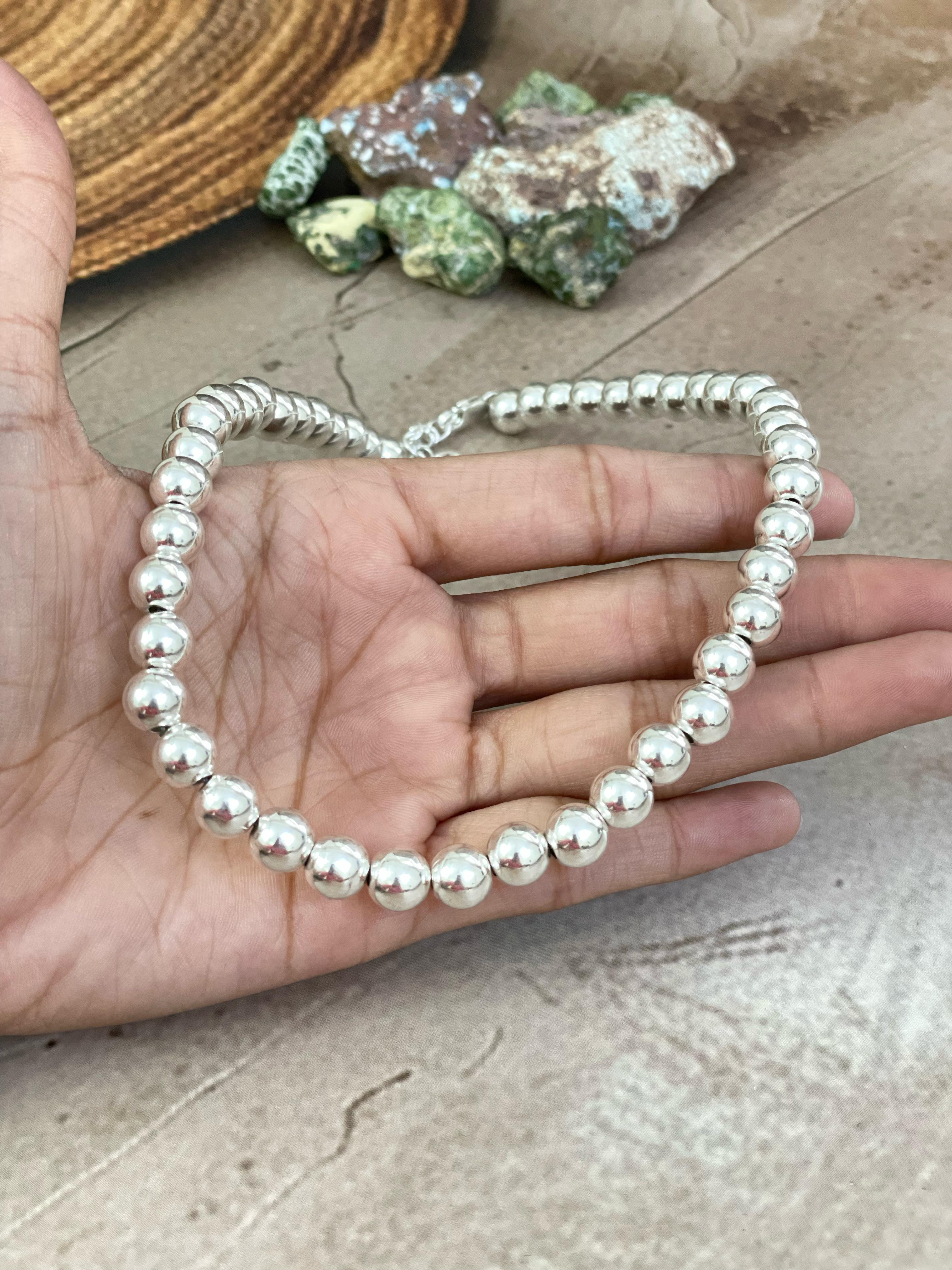 Handmade Elegance Sterling Silver 8MM  + 2” Beaded Necklace with Signed Nizhoni