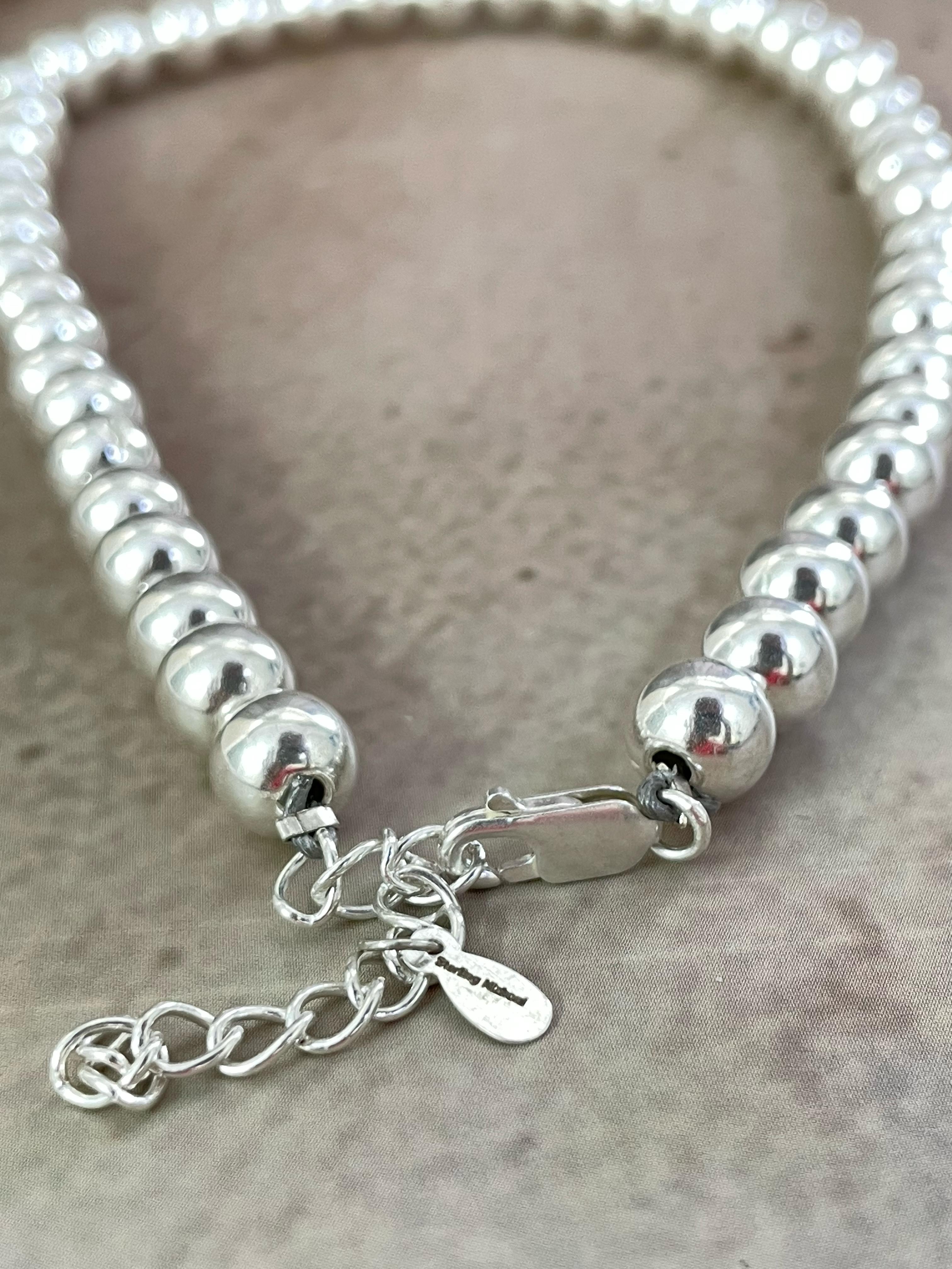 Handmade Elegance Sterling Silver 8MM  + 2” Beaded Necklace with Signed Nizhoni