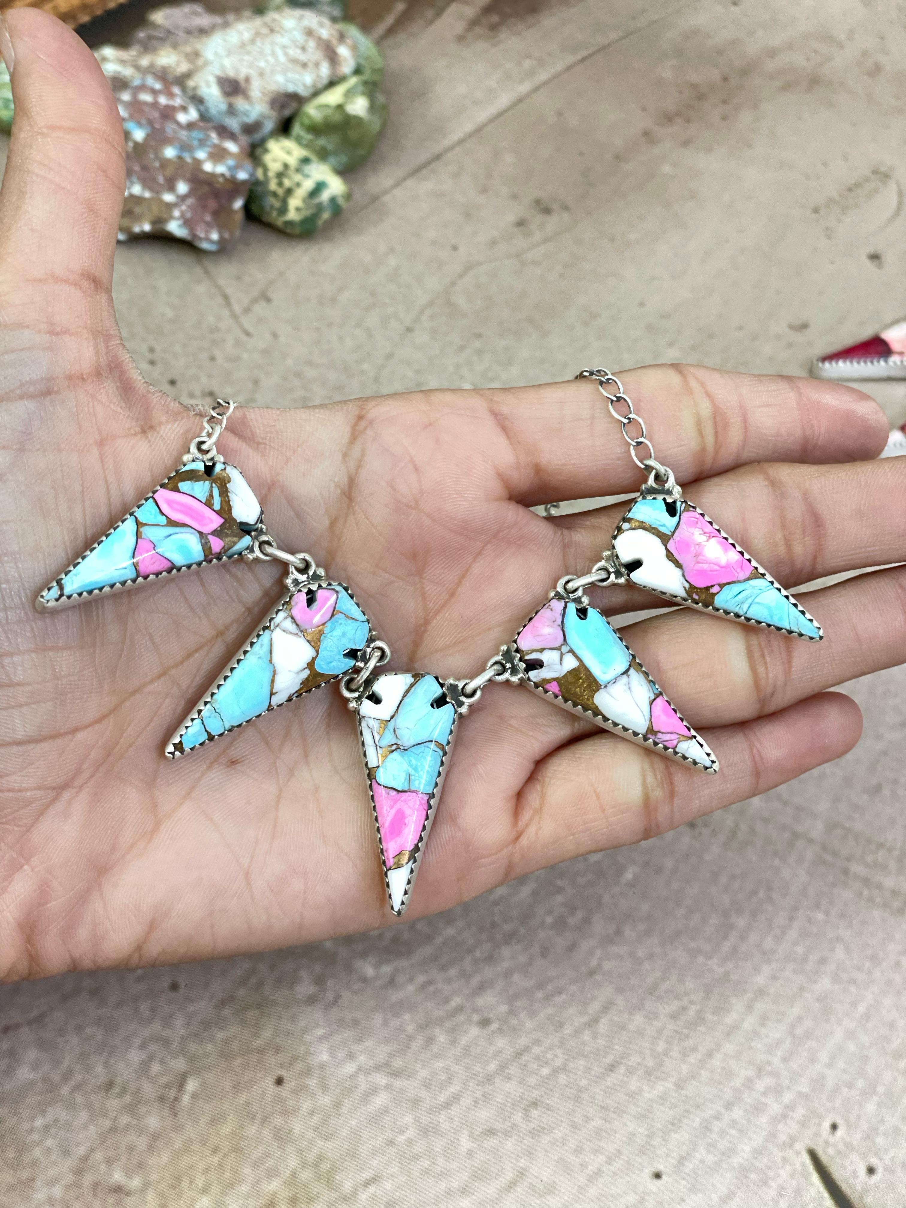 Handmade Sterling Silver Dahlia Rose, Honey Dahlia, Cotton Candy Turquoise Necklace with Signed Nizhoni