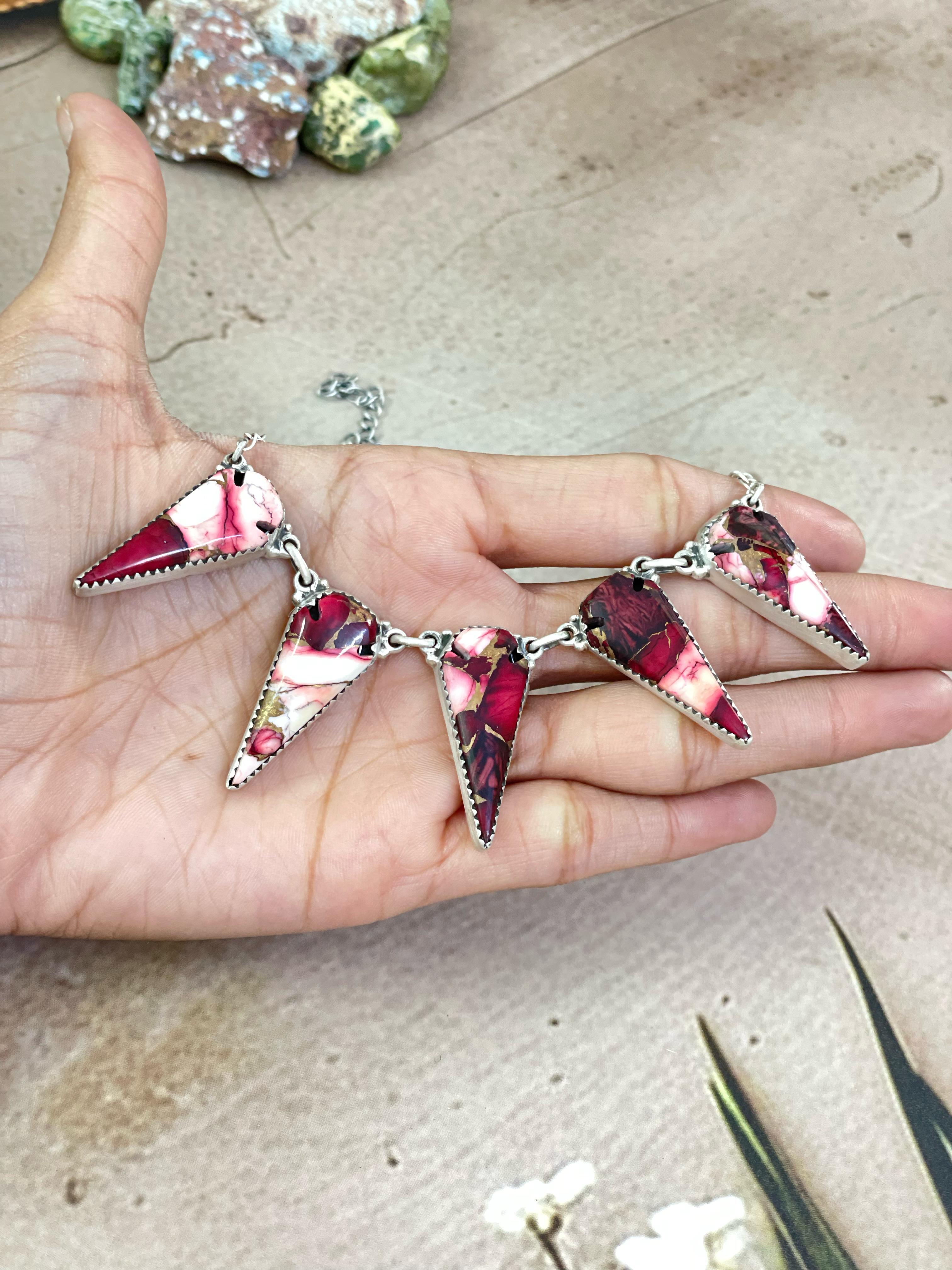 Handmade Sterling Silver Dahlia Rose, Honey Dahlia, Cotton Candy Turquoise Necklace with Signed Nizhoni