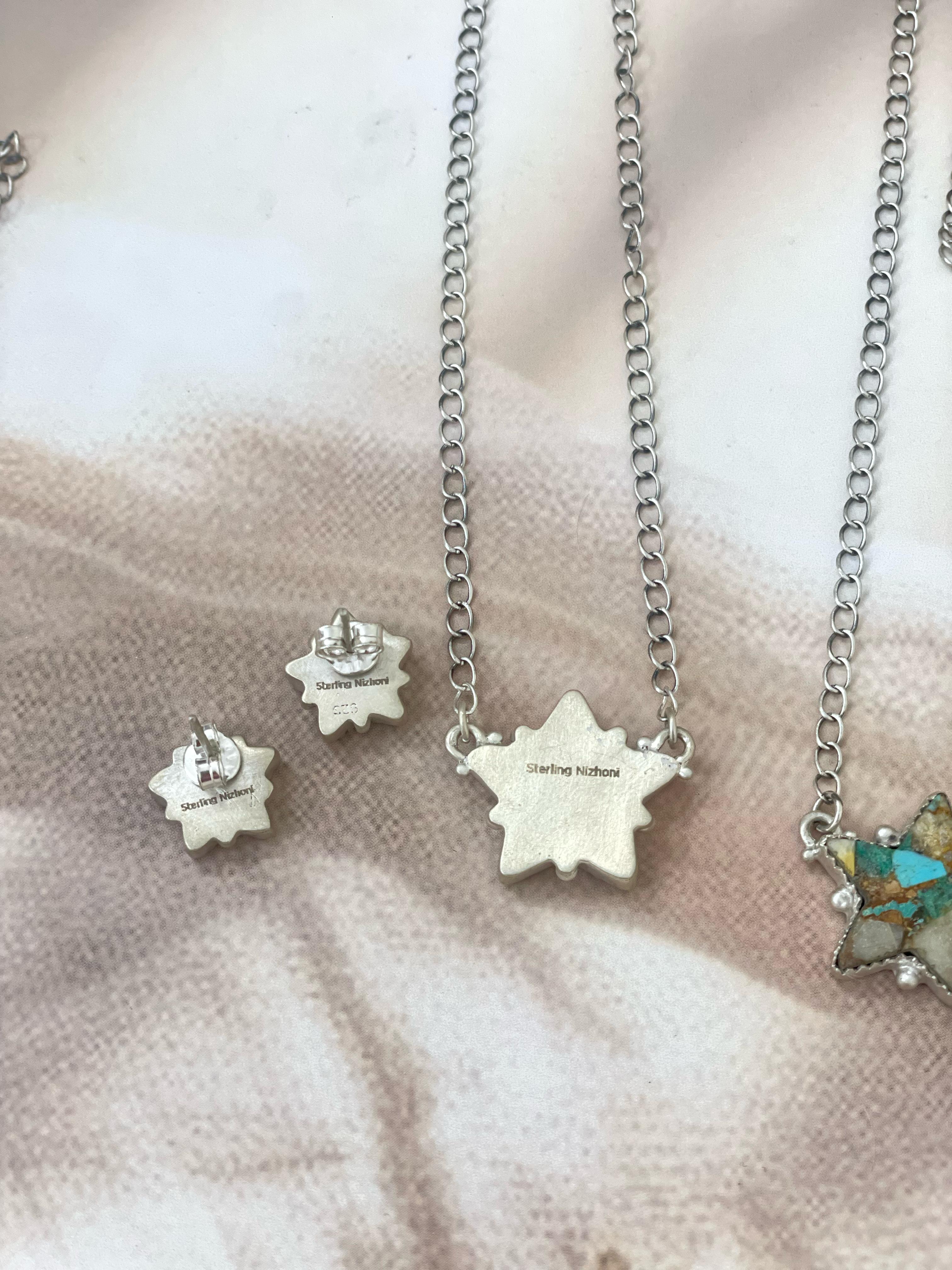 Handmade Sterling Silver Royston, White Buffalo, Kingman Turquoise Star Necklace Post Earring Set with Signed Nizhoni