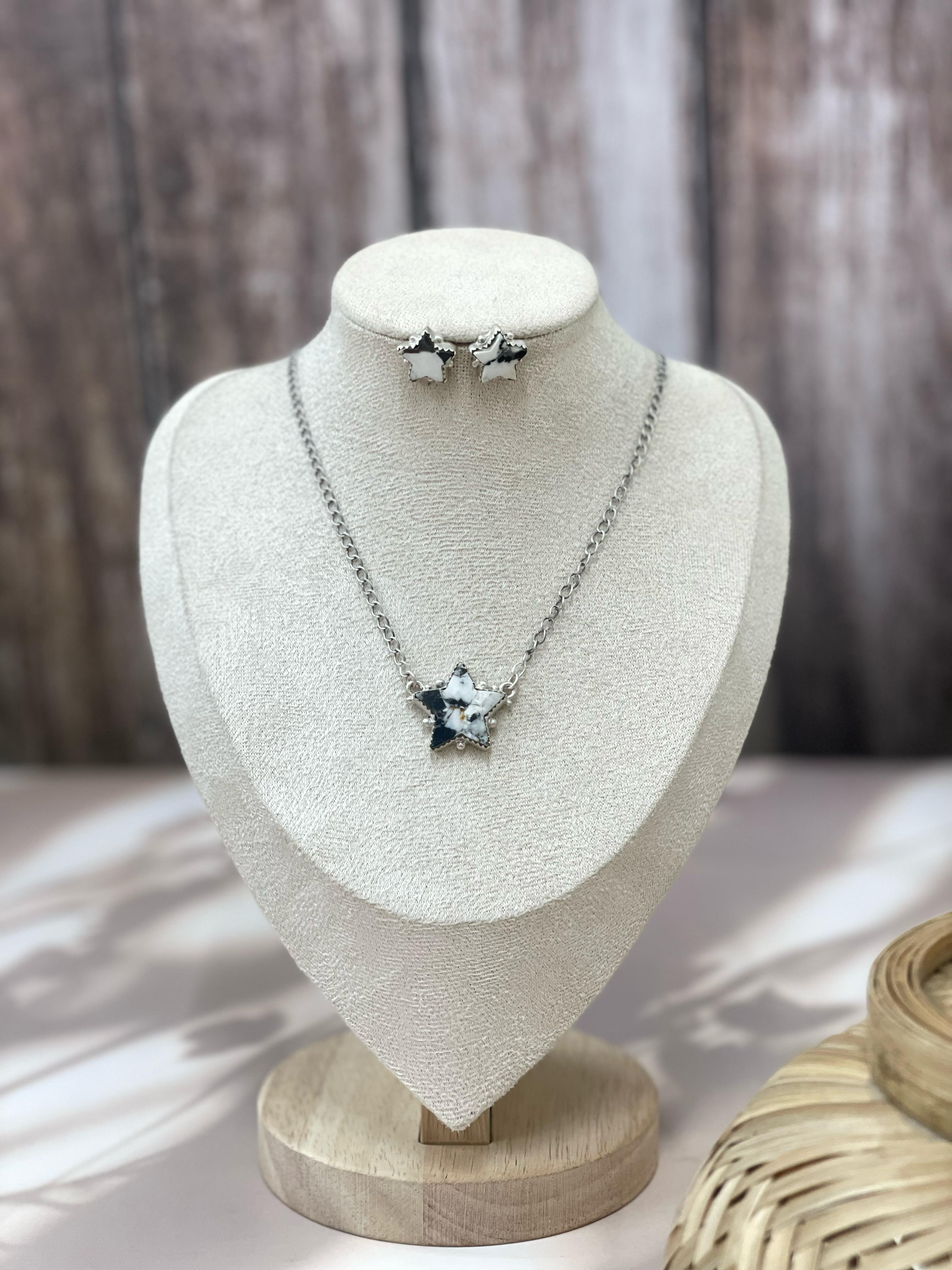 Handmade Sterling Silver Royston, White Buffalo, Kingman Turquoise Star Necklace Post Earring Set with Signed Nizhoni