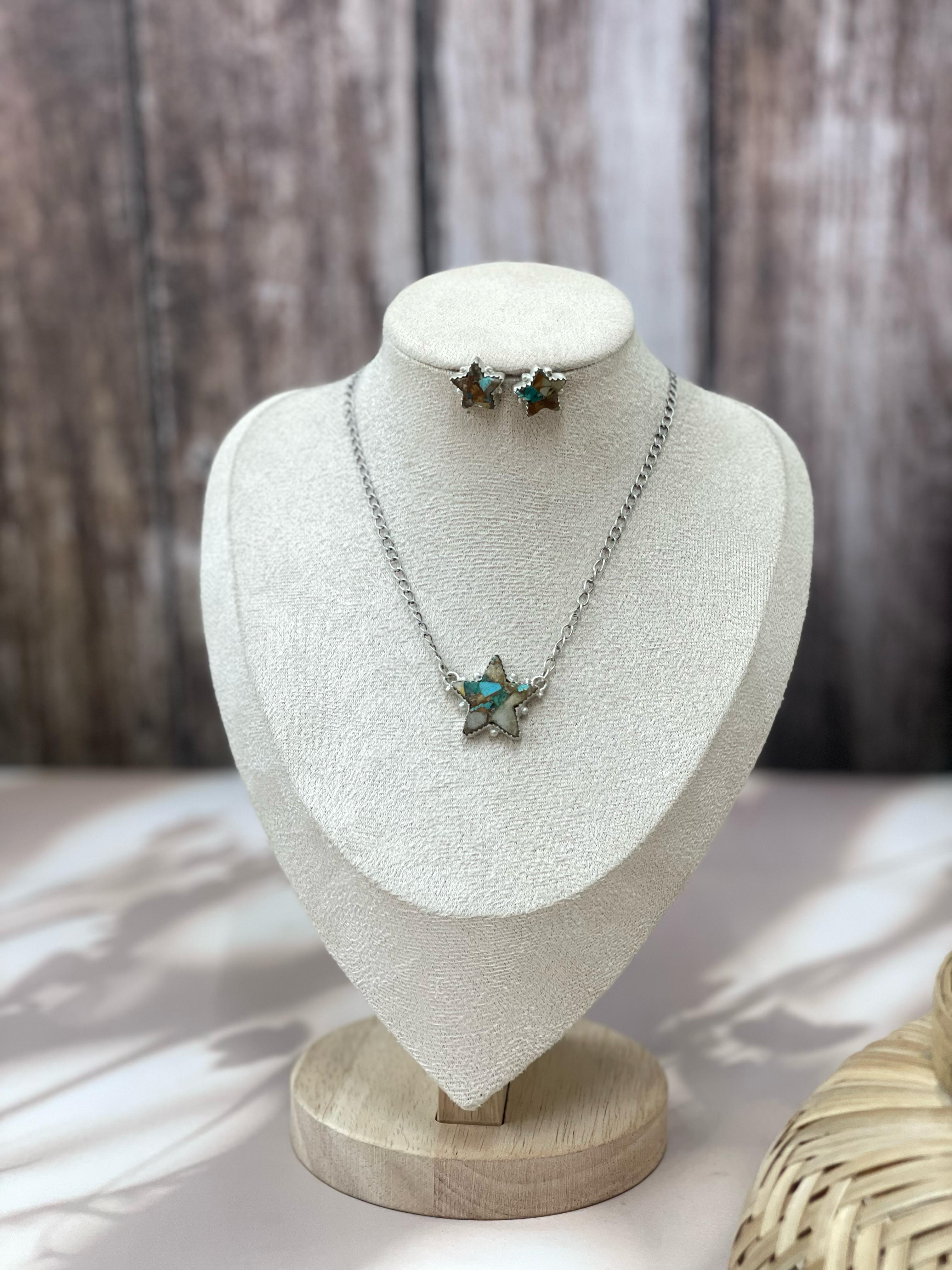 Handmade Sterling Silver Royston, White Buffalo, Kingman Turquoise Star Necklace Post Earring Set with Signed Nizhoni