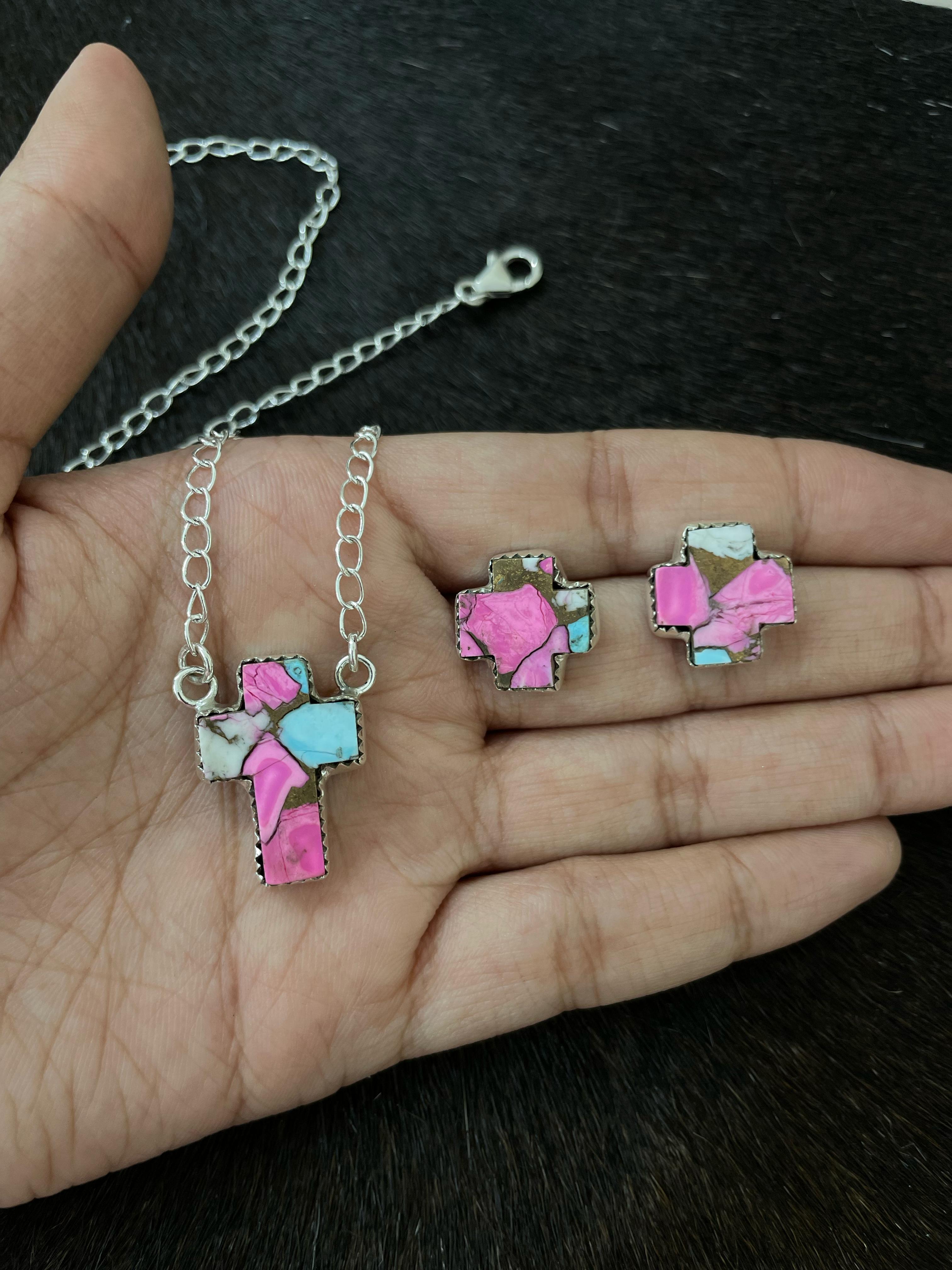 Handmade Sterling Silver Cotton Candy Turquoise Necklace Post Earring Set with Signed Nizhoni