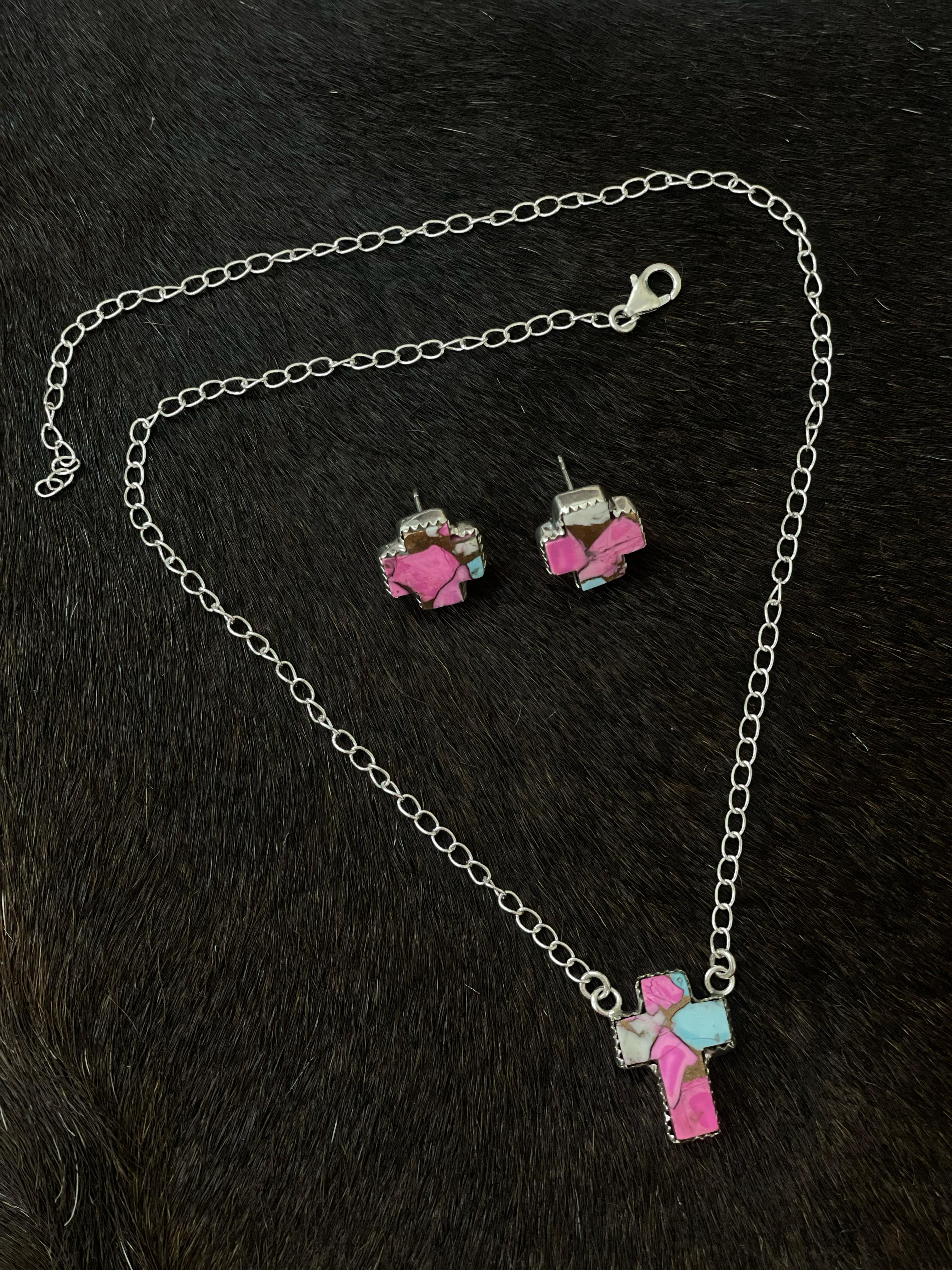 Handmade Sterling Silver Cotton Candy Turquoise Necklace Post Earring Set with Signed Nizhoni