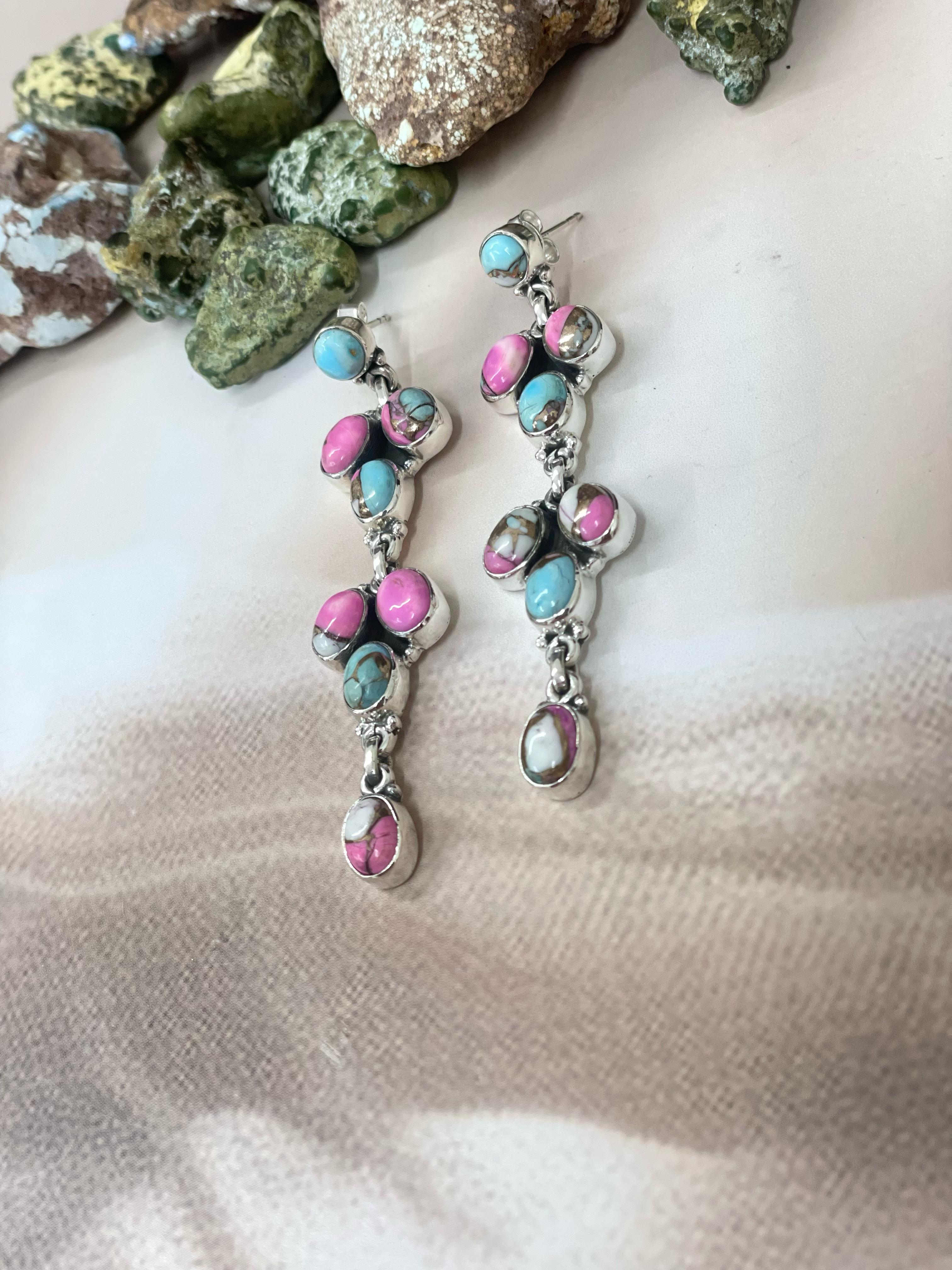 Handmade Sterling Silver Cotton Candy Turquoise Dangles Earrings with Signed Nizhoni