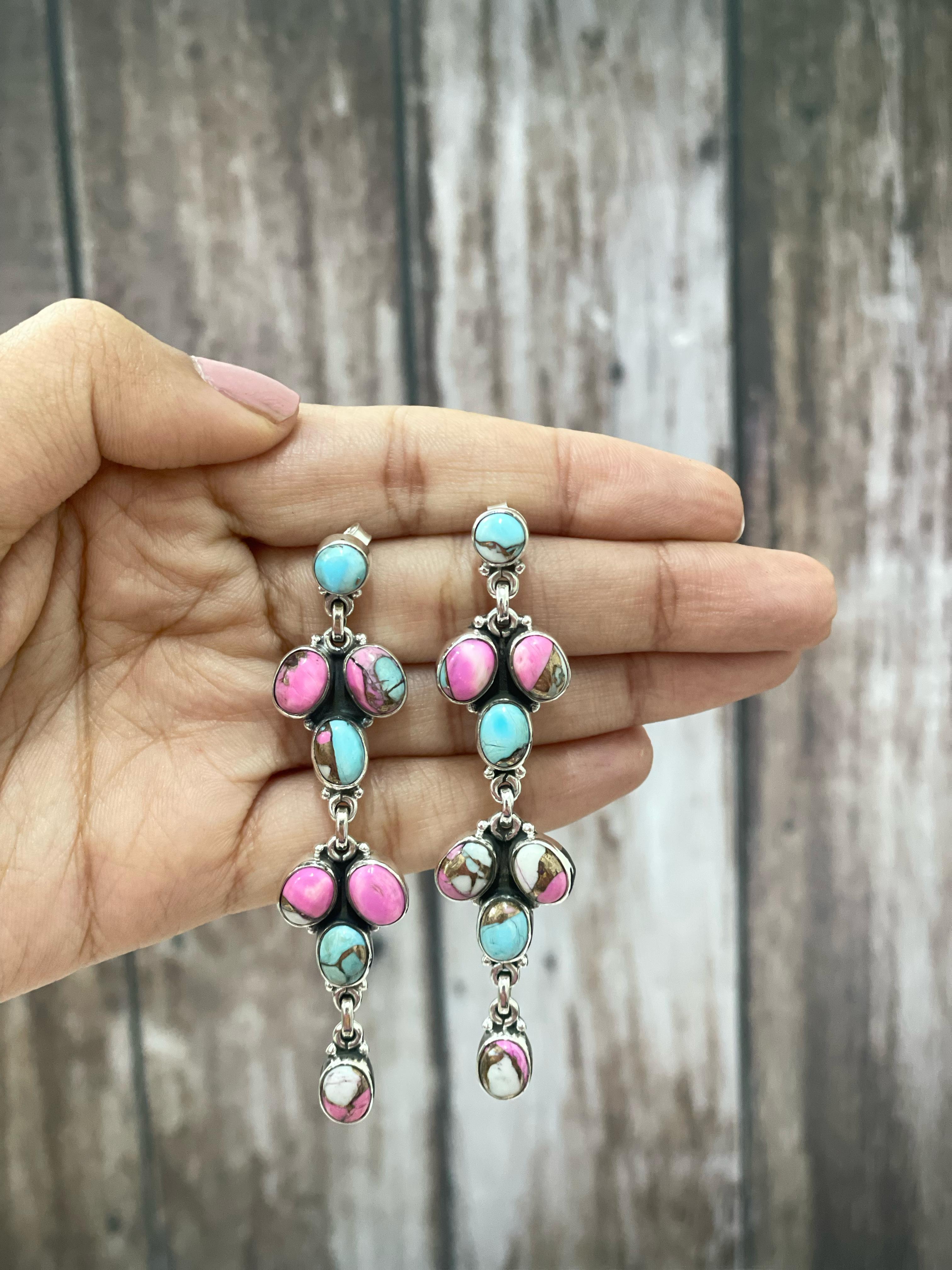 Handmade Sterling Silver Cotton Candy Turquoise Dangles Earrings with Signed Nizhoni