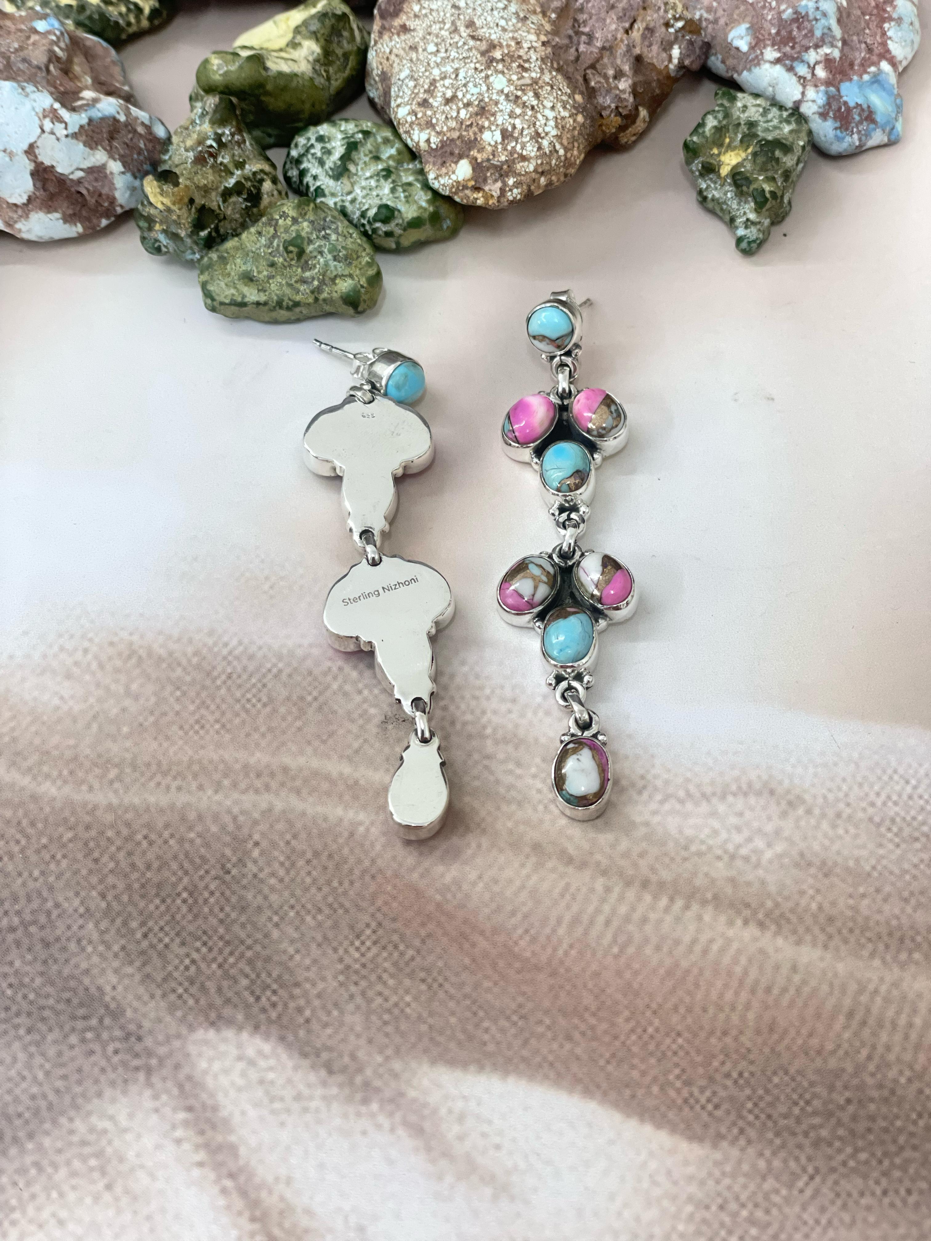 Handmade Sterling Silver Cotton Candy Turquoise Dangles Earrings with Signed Nizhoni