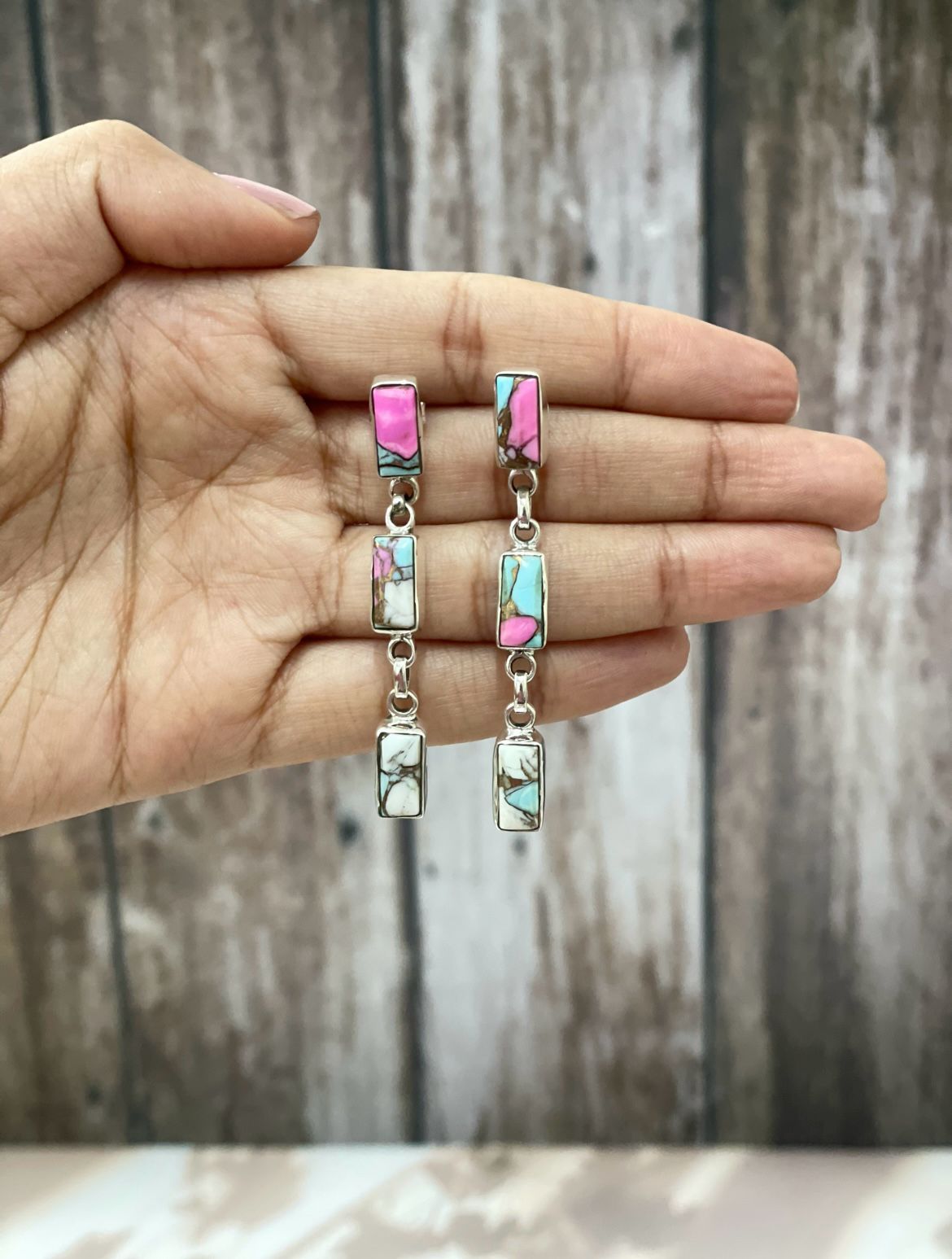 Handmade Sterling Silver Cotton Candy Turquoise Dangles Earrings with Signed Nizhoni