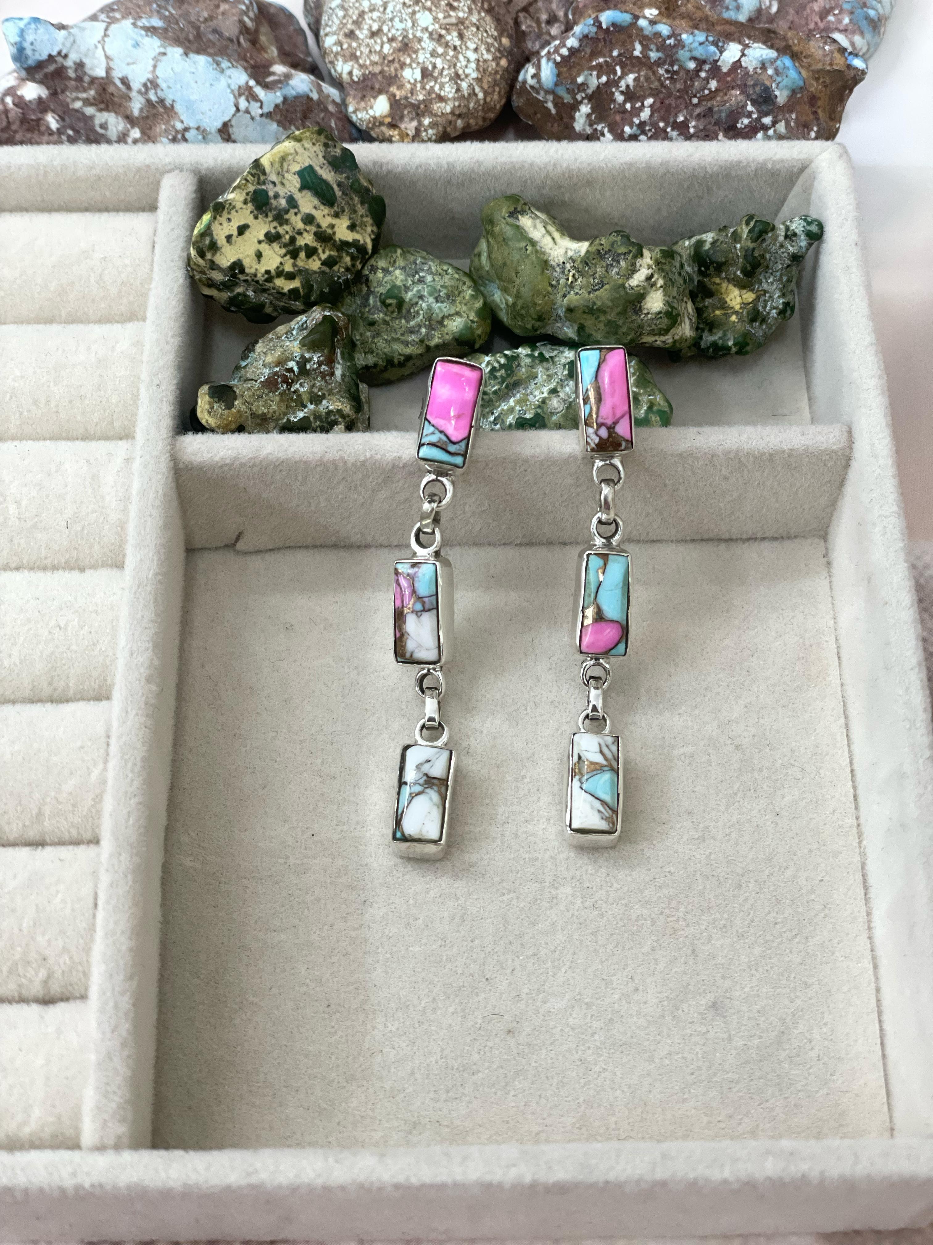 Handmade Sterling Silver Cotton Candy Turquoise Dangles Earrings with Signed Nizhoni