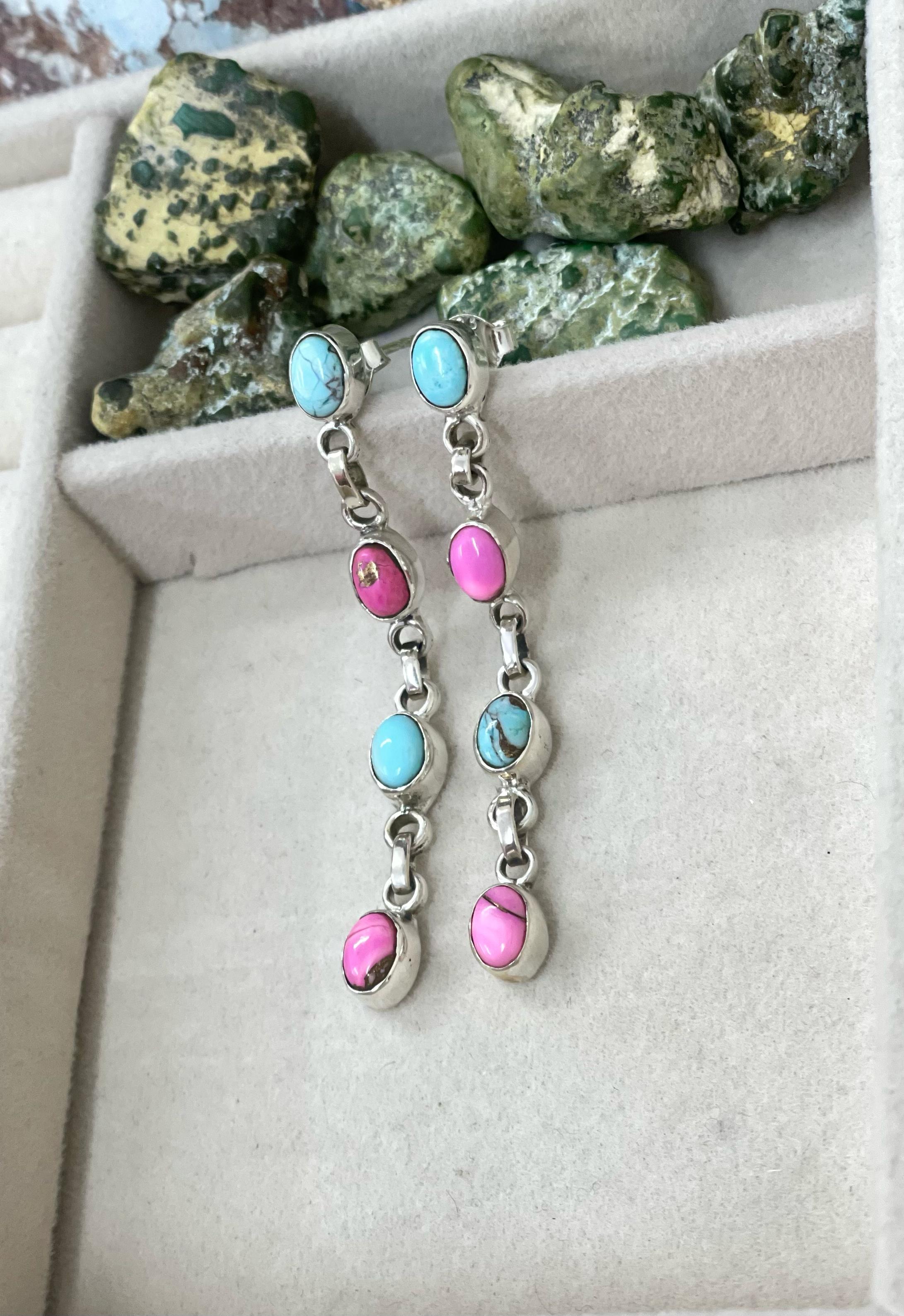 Handmade Sterling Silver Cotton Candy Turquoise Dangles Earrings with Signed Nizhoni