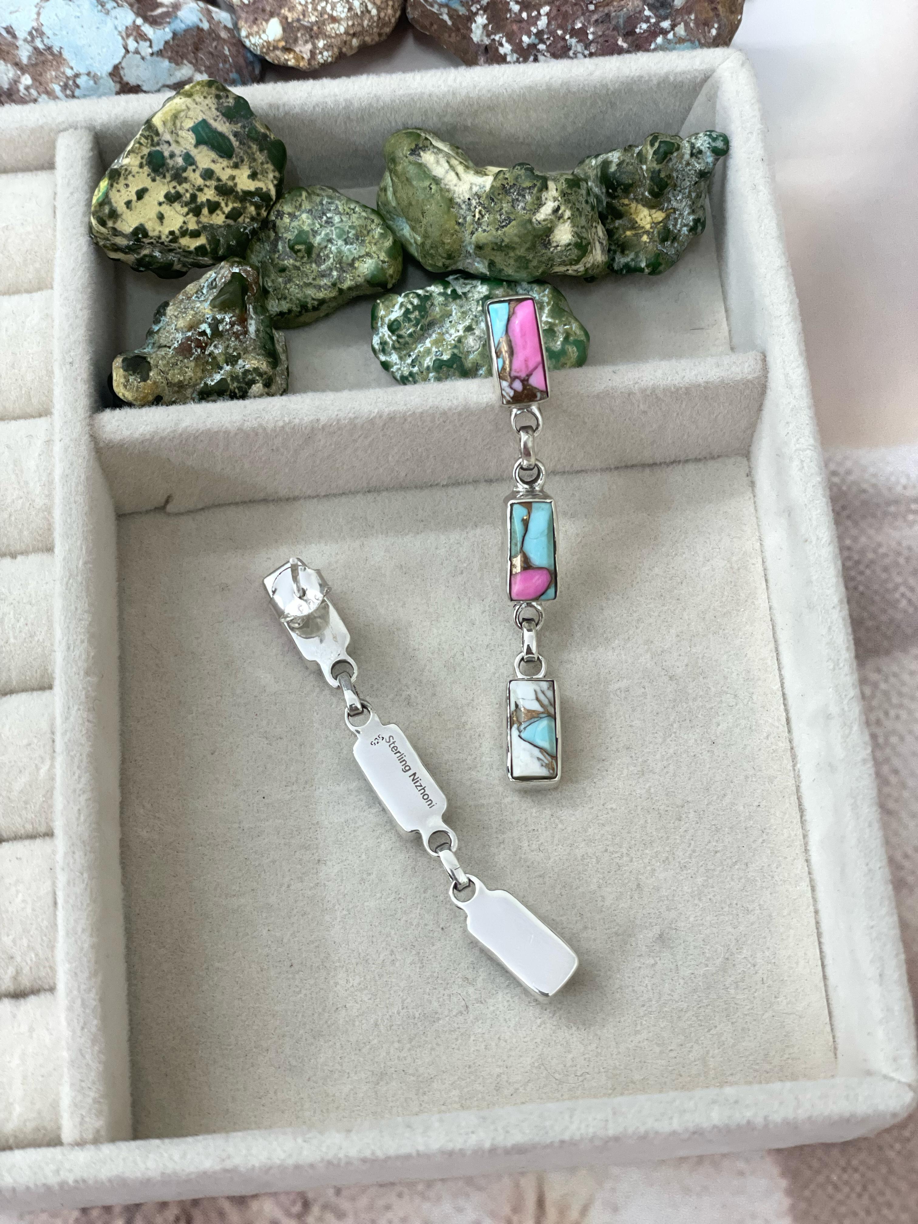Handmade Sterling Silver Cotton Candy Turquoise Dangles Earrings with Signed Nizhoni