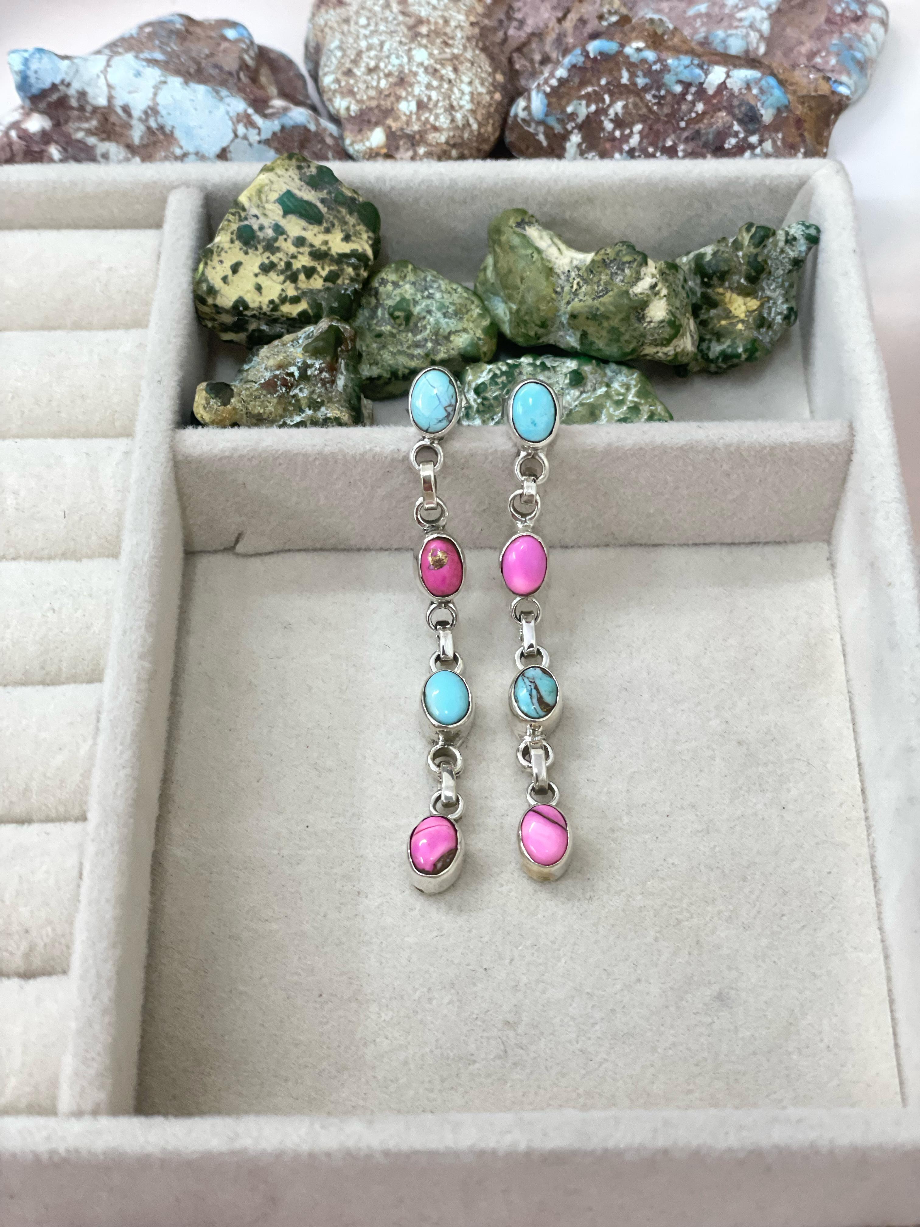 Handmade Sterling Silver Cotton Candy Turquoise Dangles Earrings with Signed Nizhoni