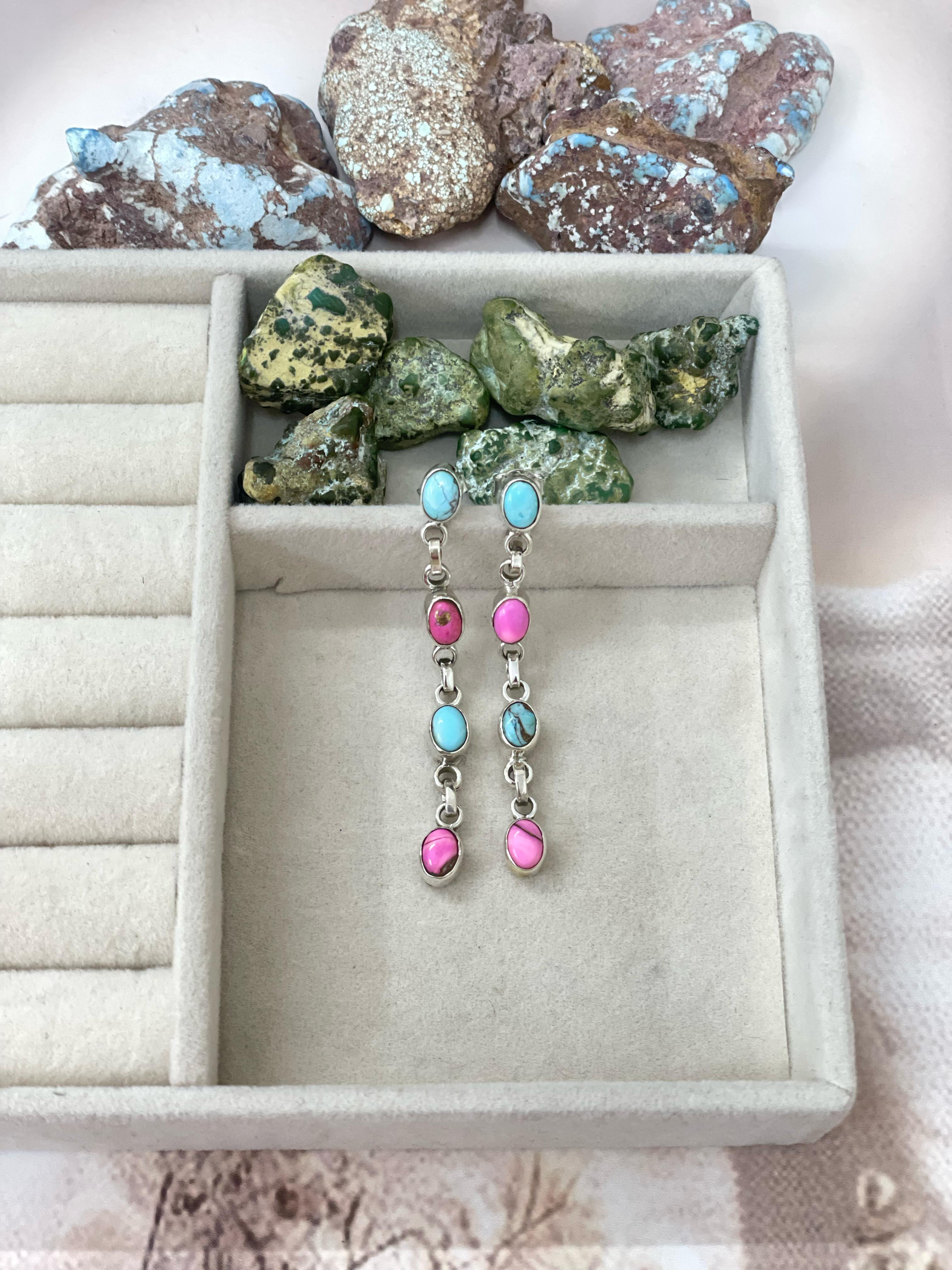 Handmade Sterling Silver Cotton Candy Turquoise Dangles Earrings with Signed Nizhoni