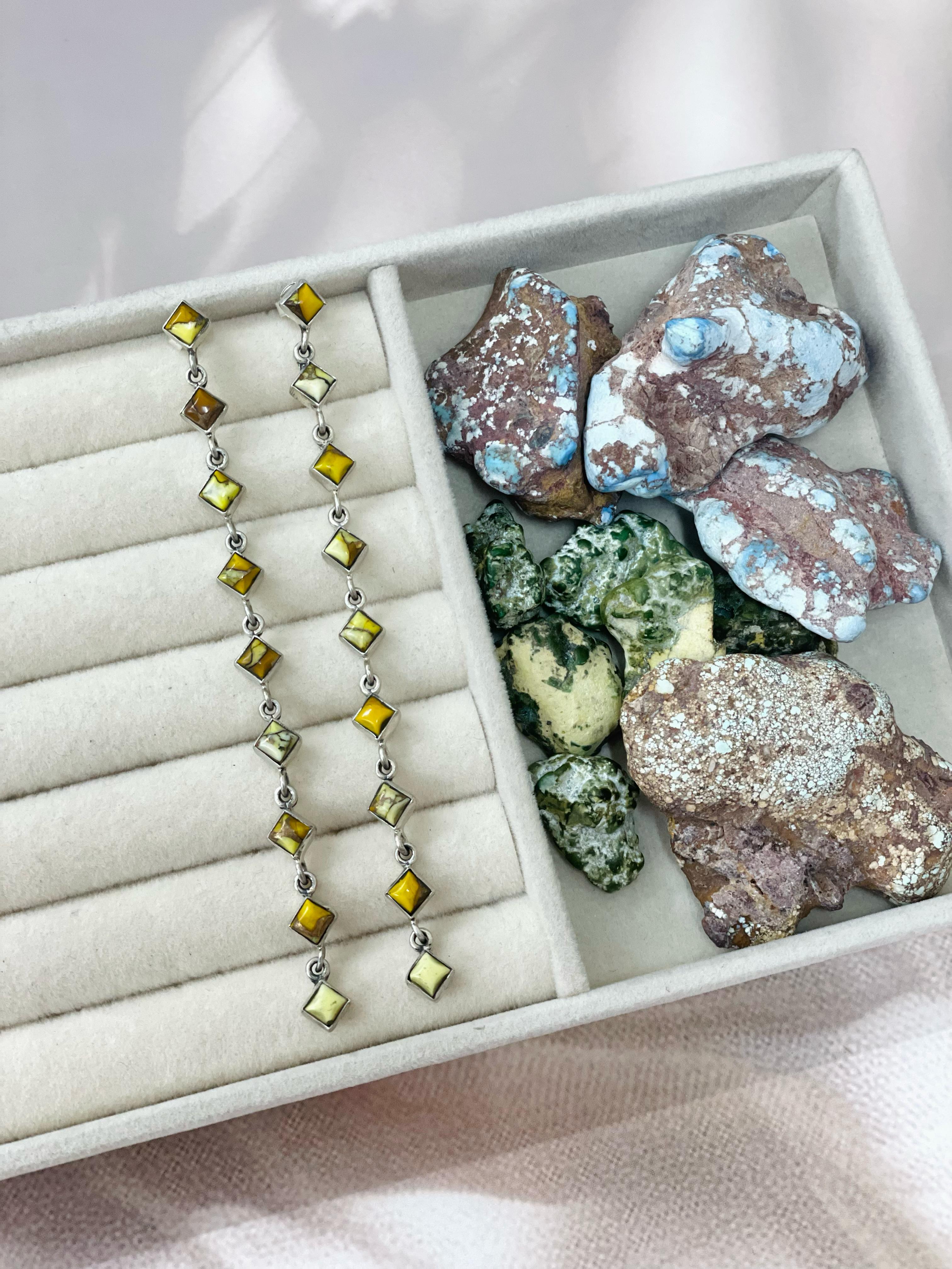 Handmade Sterling Silver Honey Dahlia Dangle Earrings with Signed Nizhoni