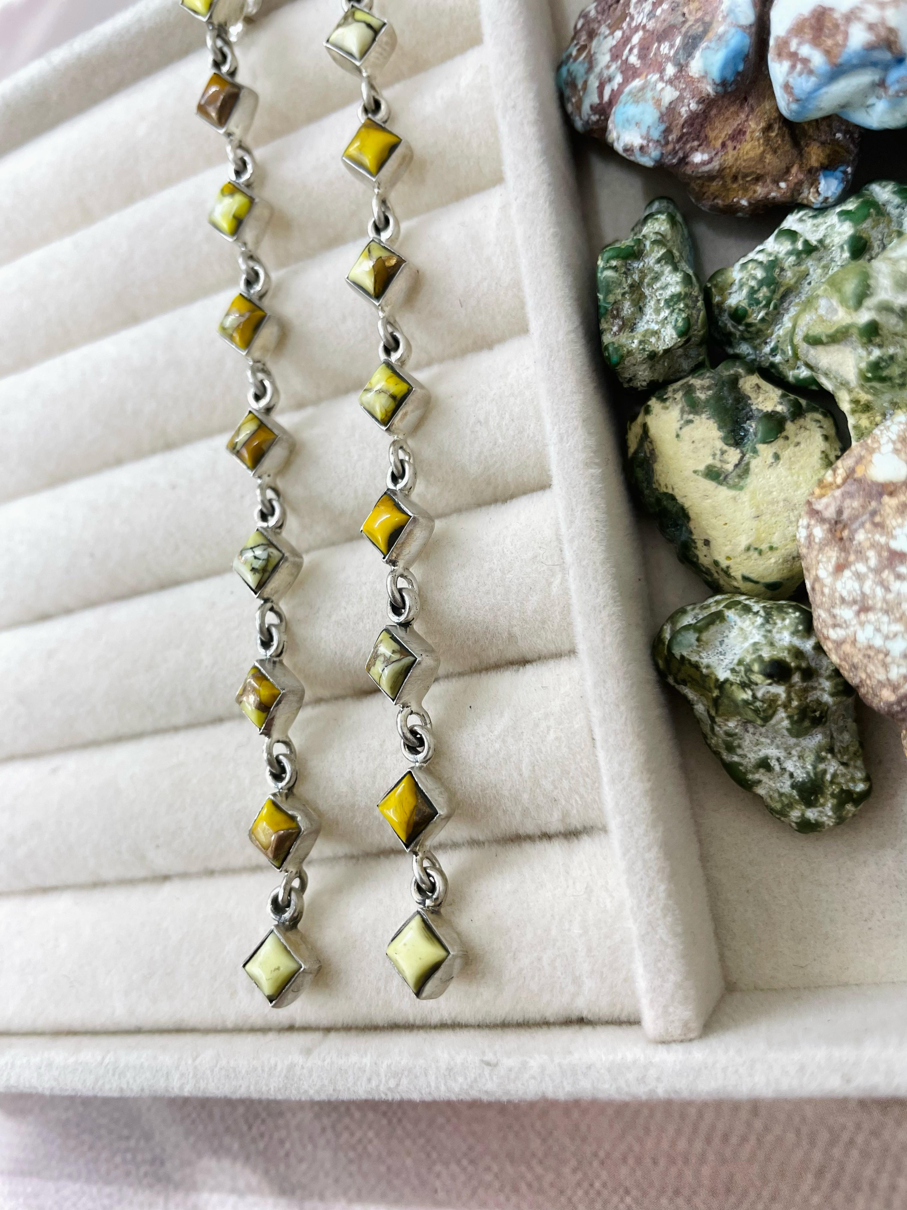 Handmade Sterling Silver Honey Dahlia Dangle Earrings with Signed Nizhoni