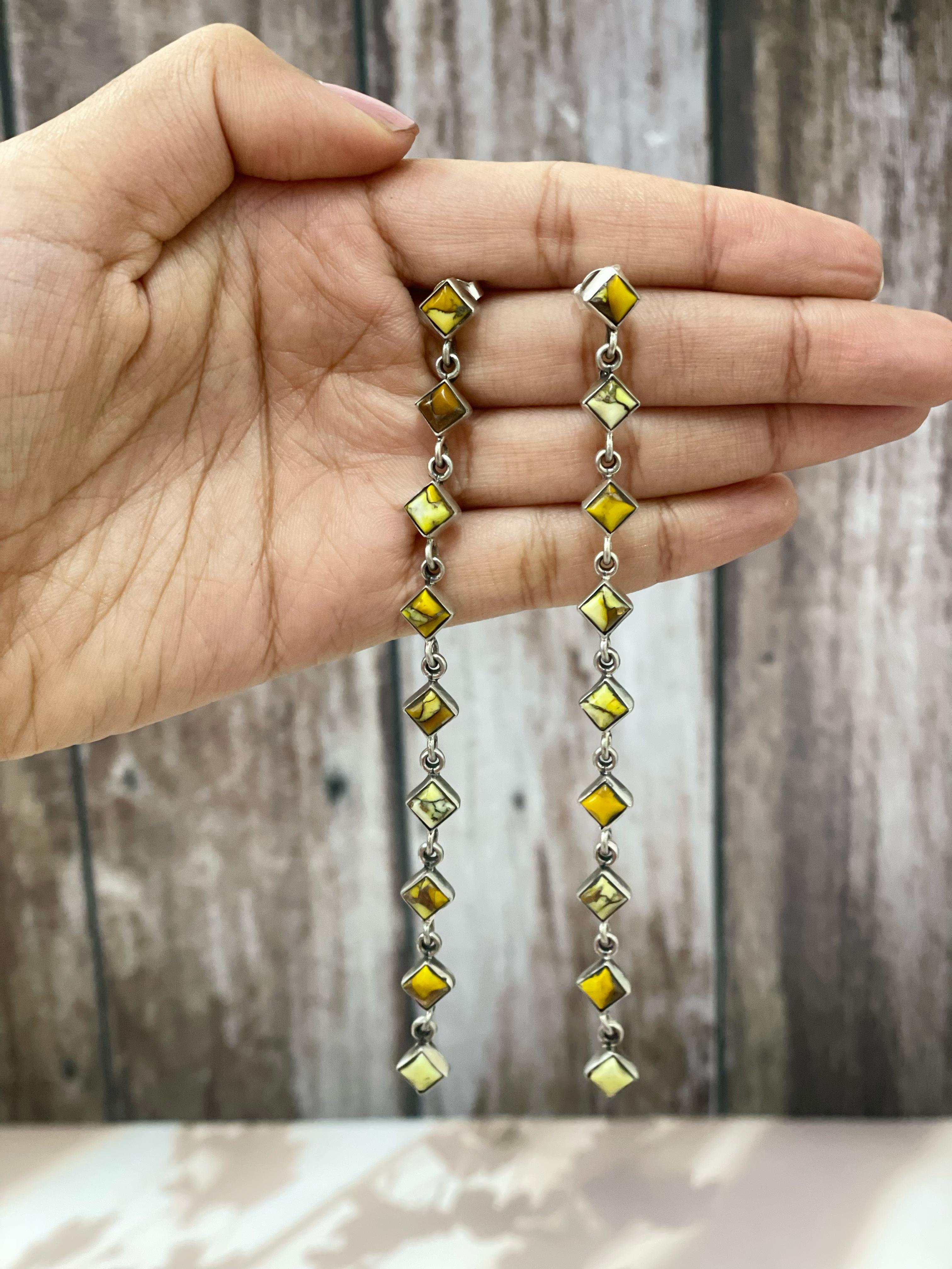 Handmade Sterling Silver Honey Dahlia Dangle Earrings with Signed Nizhoni