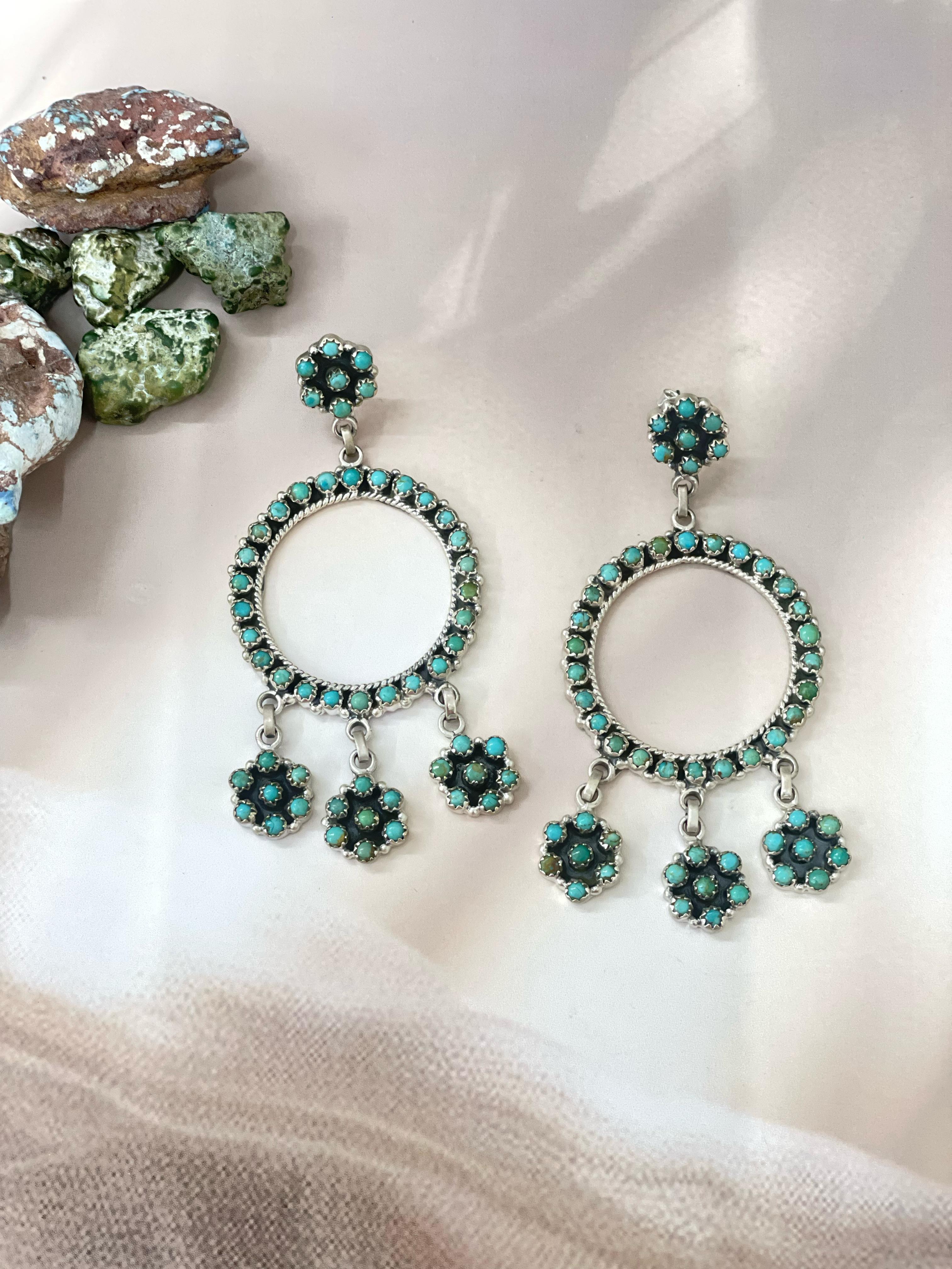Handmade Sterling Silver Kingman Turquoise Dangles Hoop Earrings with Signed Nizhoni