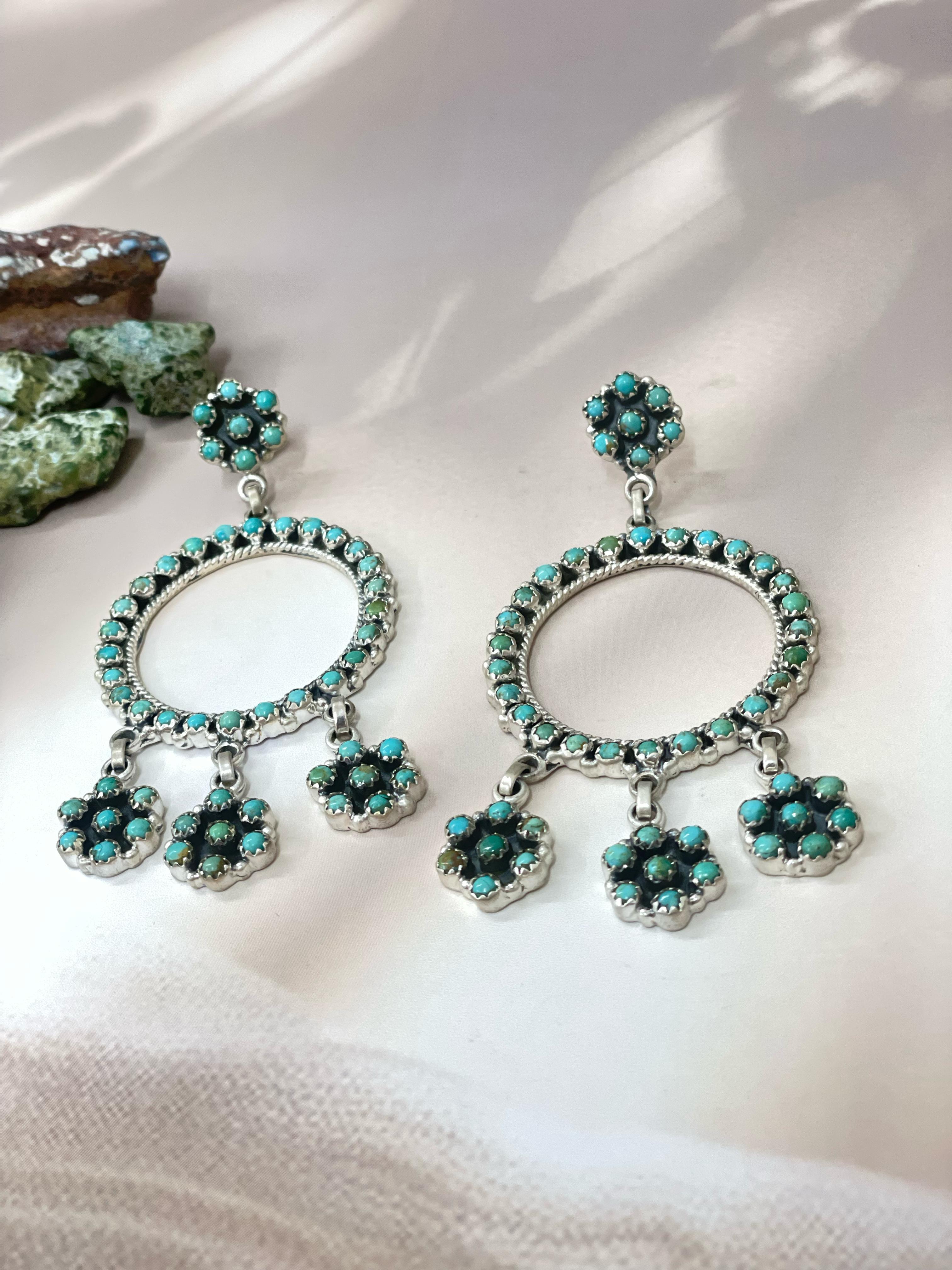Handmade Sterling Silver Kingman Turquoise Dangles Hoop Earrings with Signed Nizhoni