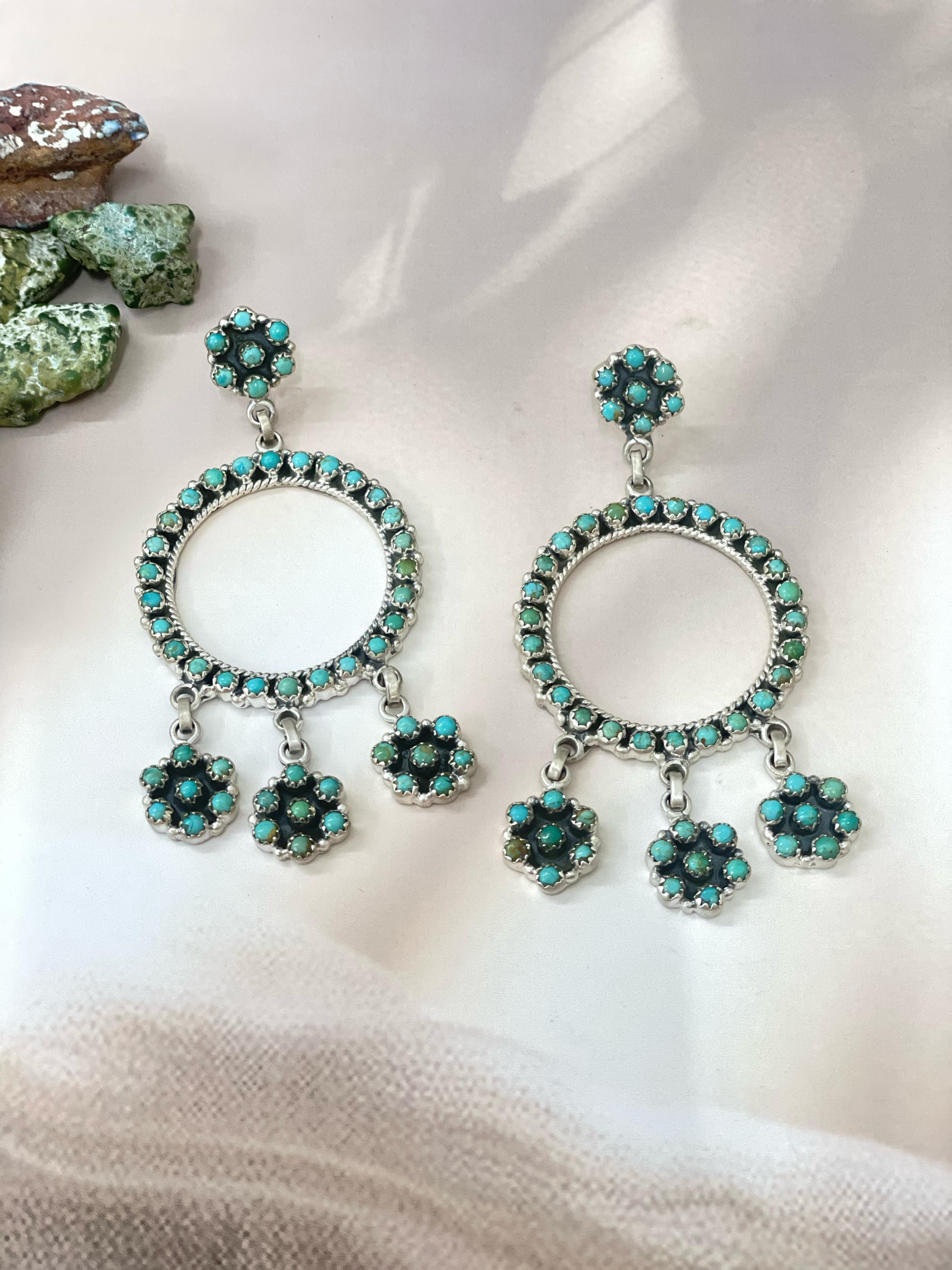 Handmade Sterling Silver Kingman Turquoise Dangles Hoop Earrings with Signed Nizhoni