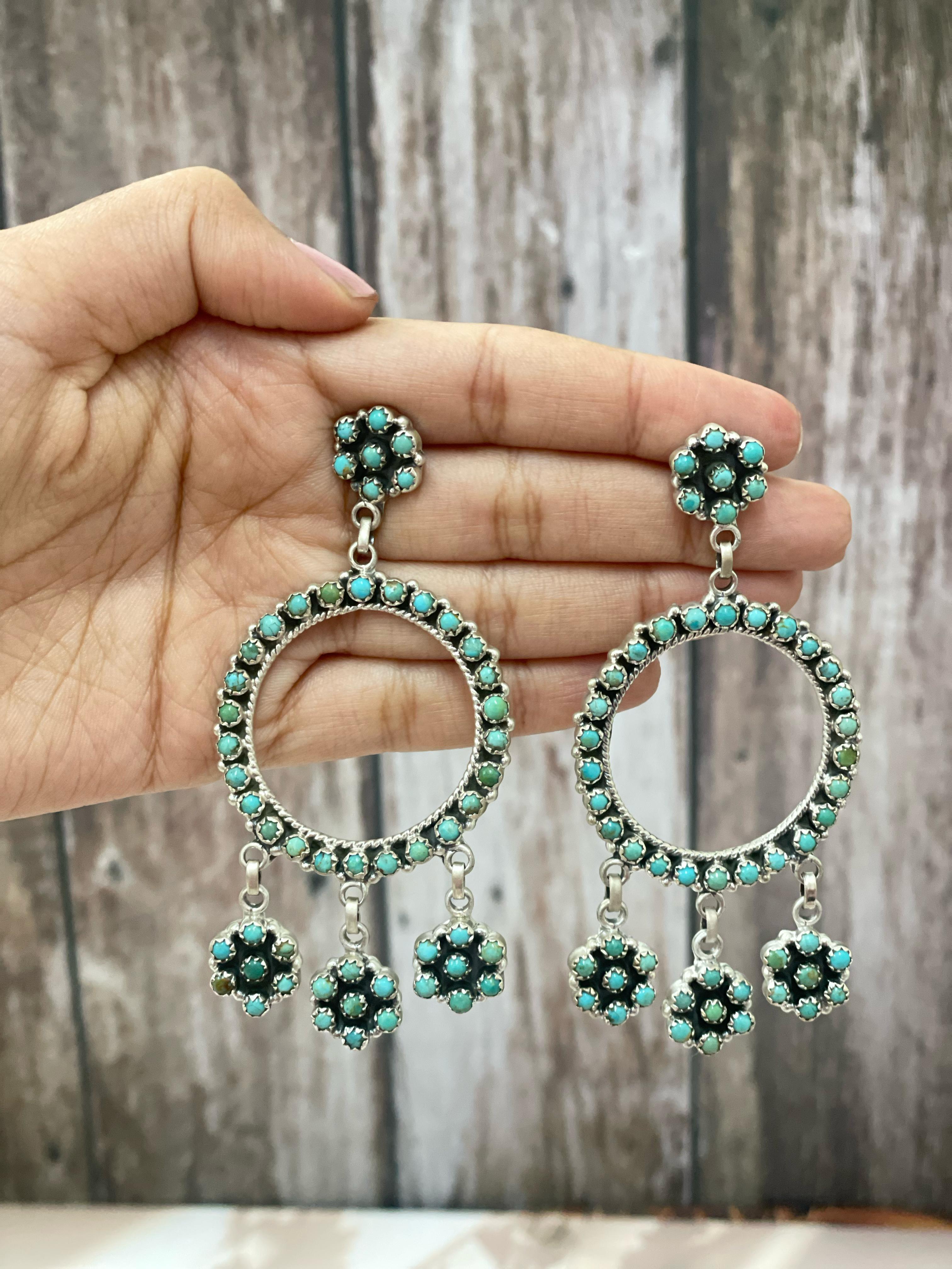 Handmade Sterling Silver Kingman Turquoise Dangles Hoop Earrings with Signed Nizhoni