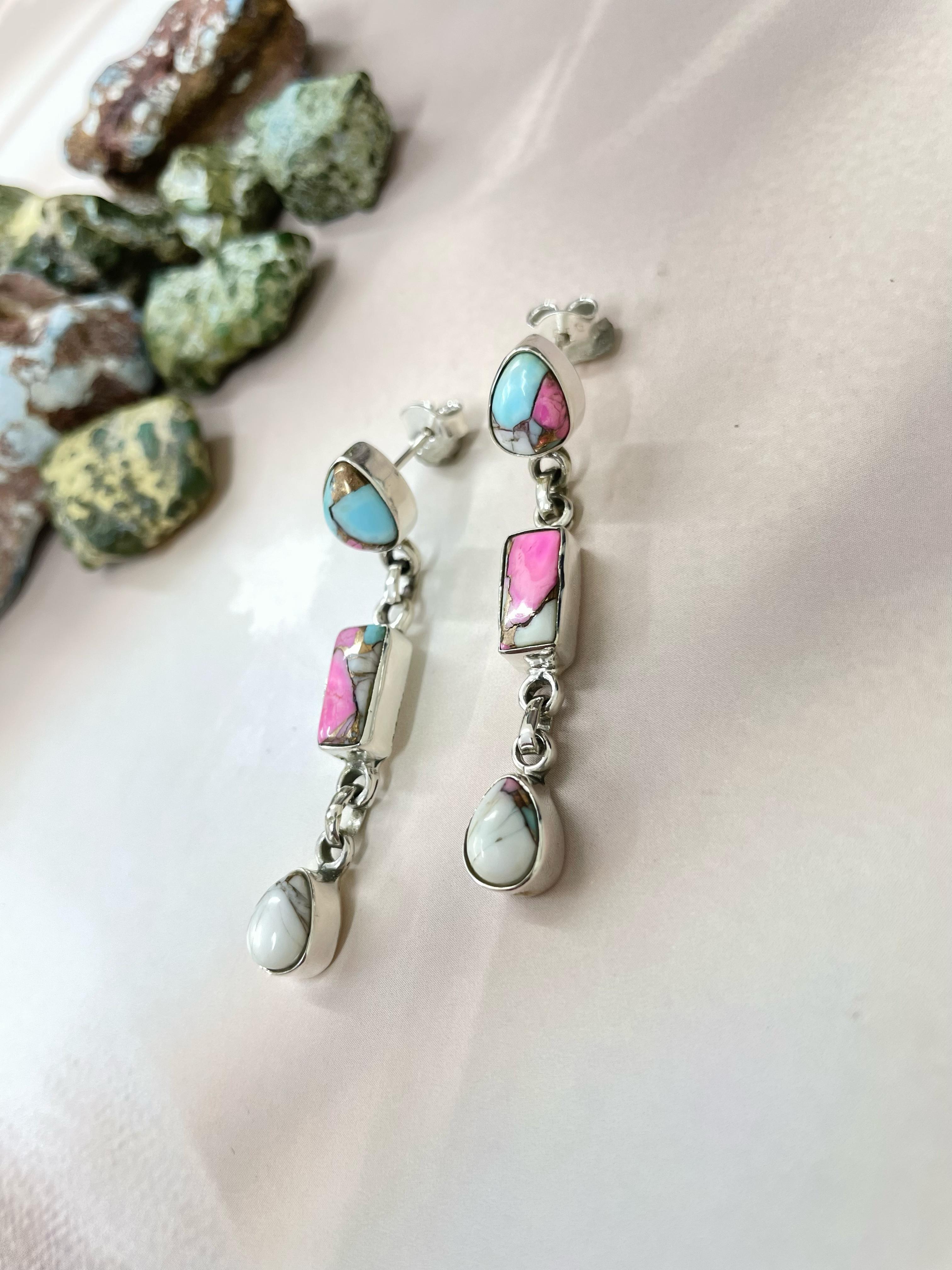 Handmade Sterling Silver Cotton Candy Turquoise Dangles Earrings with Signed Nizhoni