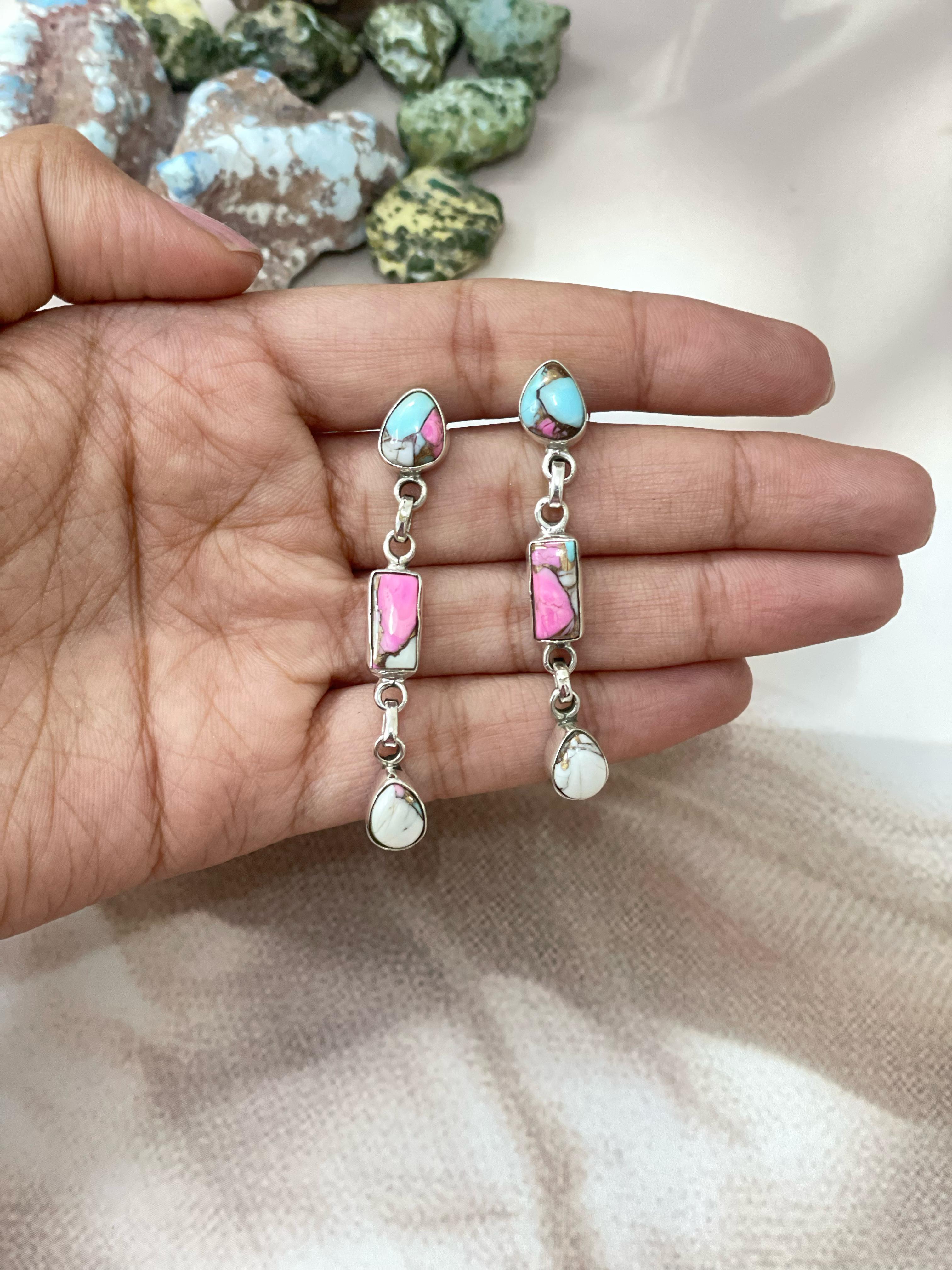 Handmade Sterling Silver Cotton Candy Turquoise Dangles Earrings with Signed Nizhoni