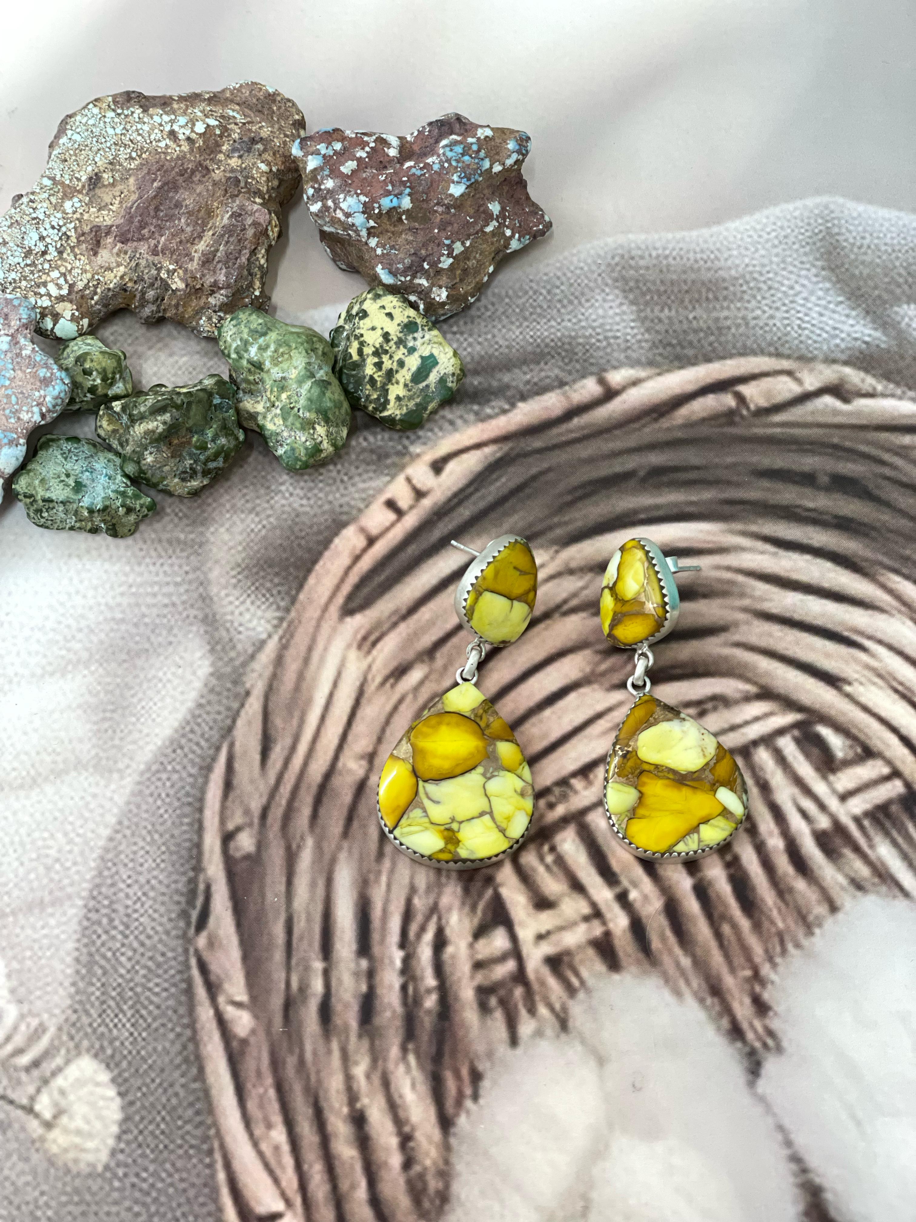 Handmade Sterling Silver Honey Dahlia Dangle Earrings with Signed Nizhoni