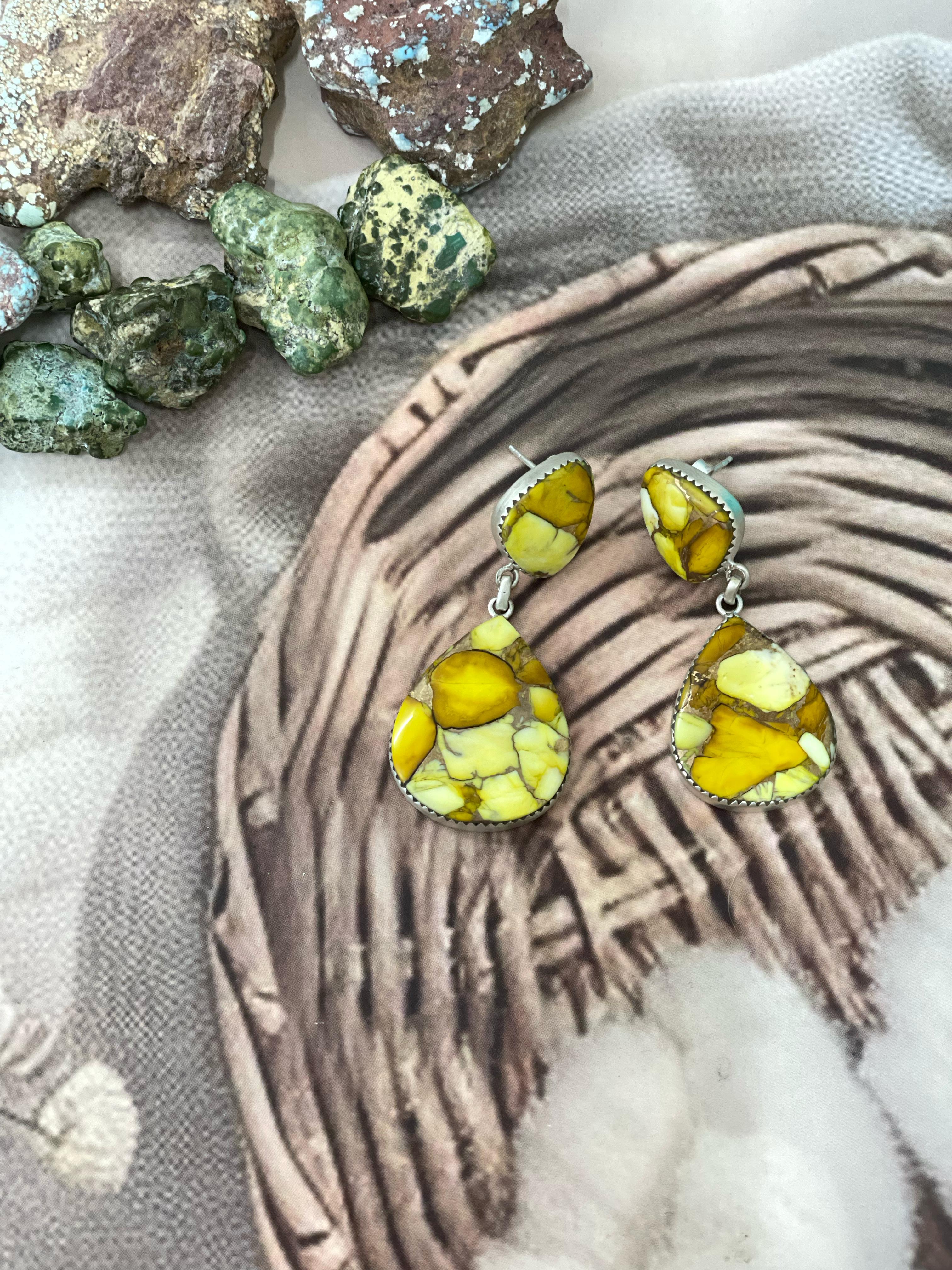 Handmade Sterling Silver Honey Dahlia Dangle Earrings with Signed Nizhoni