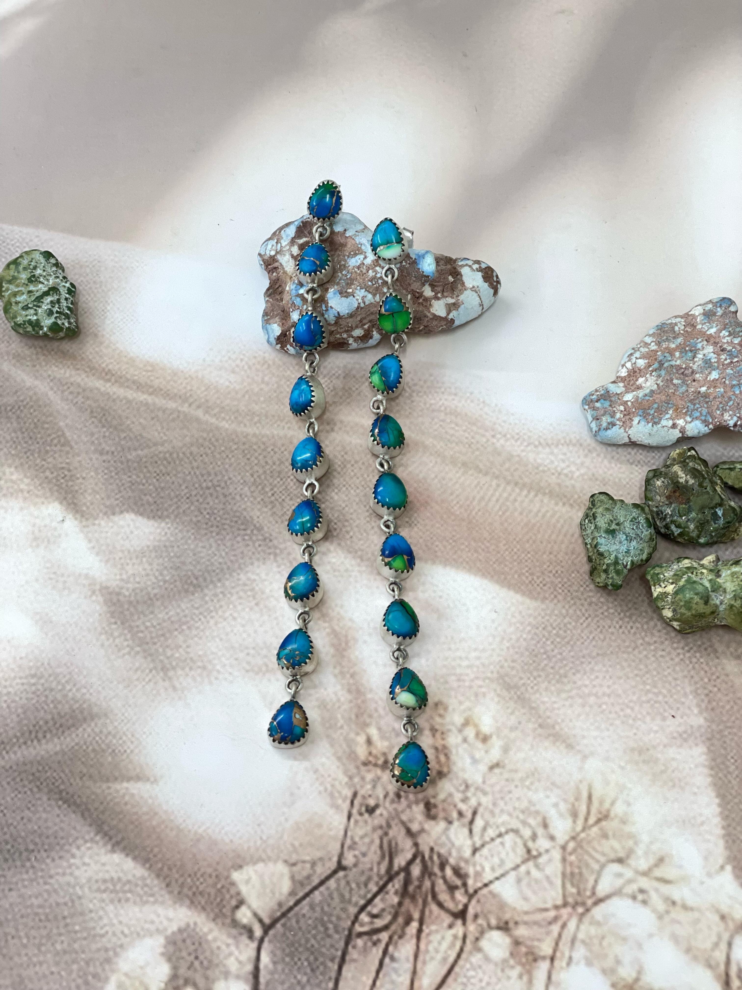 Handmade Sterling Peacock Dahlia Dangle Earrings with Signed Nizhoni