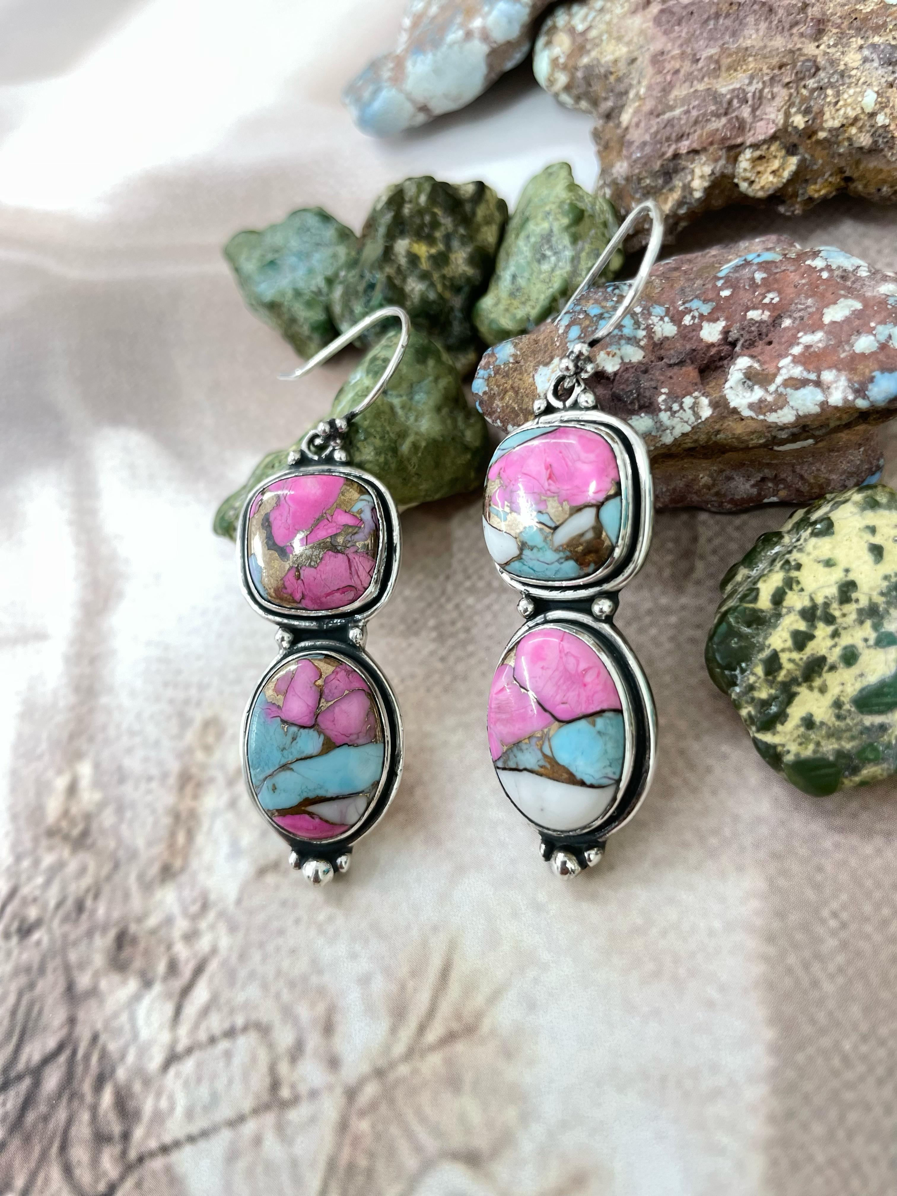 Handmade Sterling Silver Cotton Candy Turquoise Dangles Earrings with Signed Nizhoni