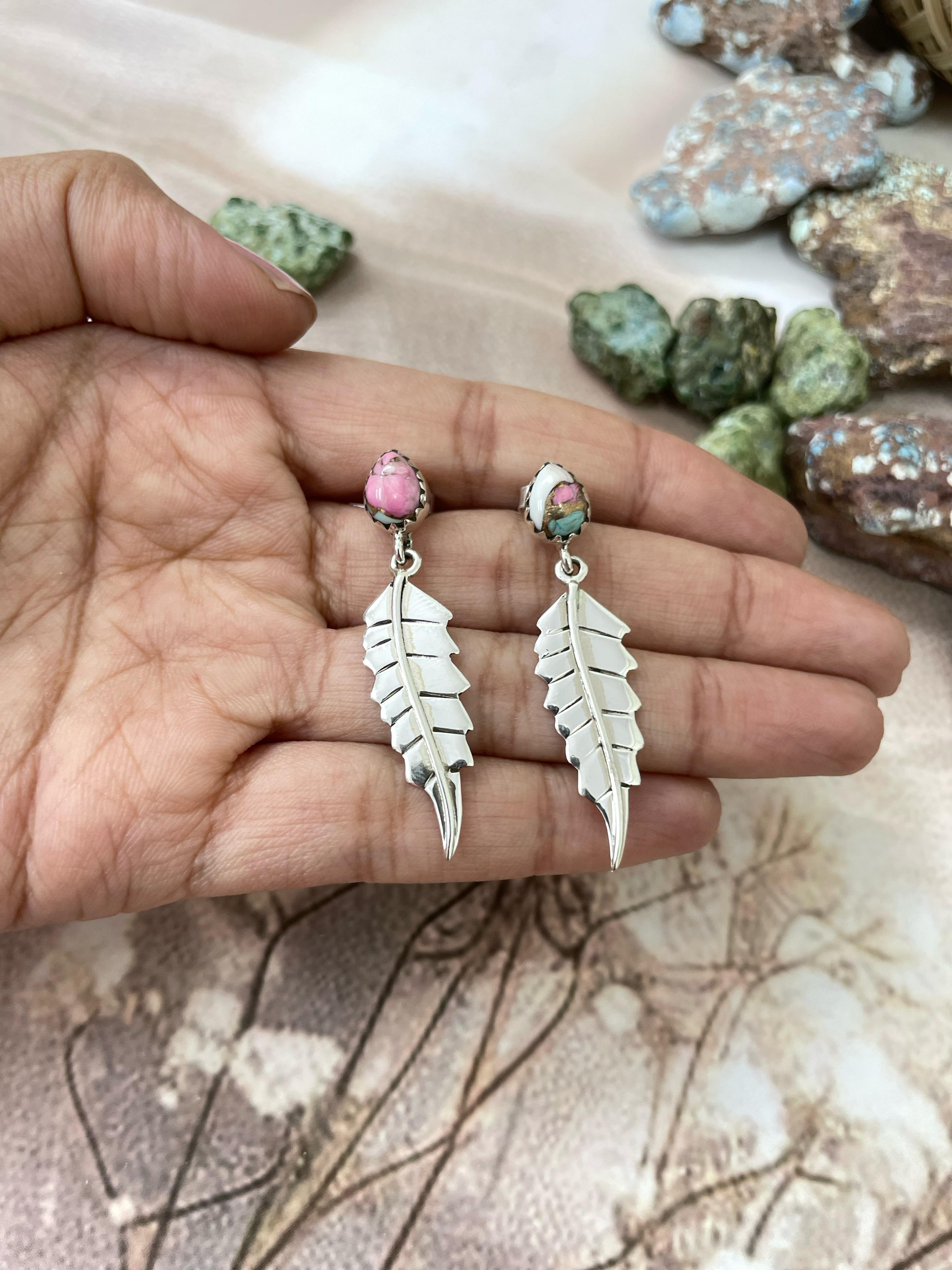 Handmade Sterling Silver Cotton Candy Turquoise Dangles Earrings with Signed Nizhoni