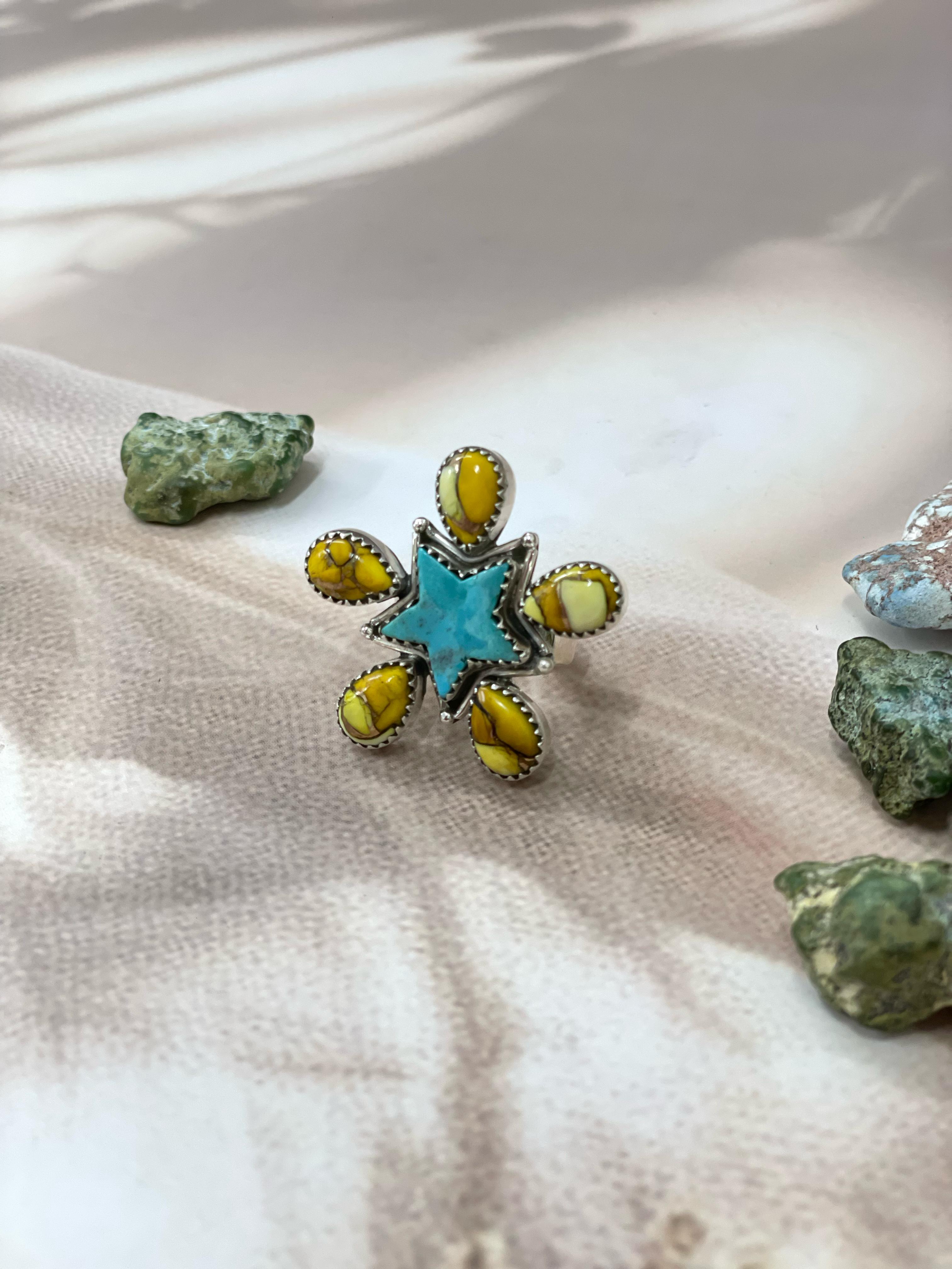 Handmade Sterling Silver Kingman Turquoise, Honey Dahlia Adjustable Ring with Signed Nizhoni