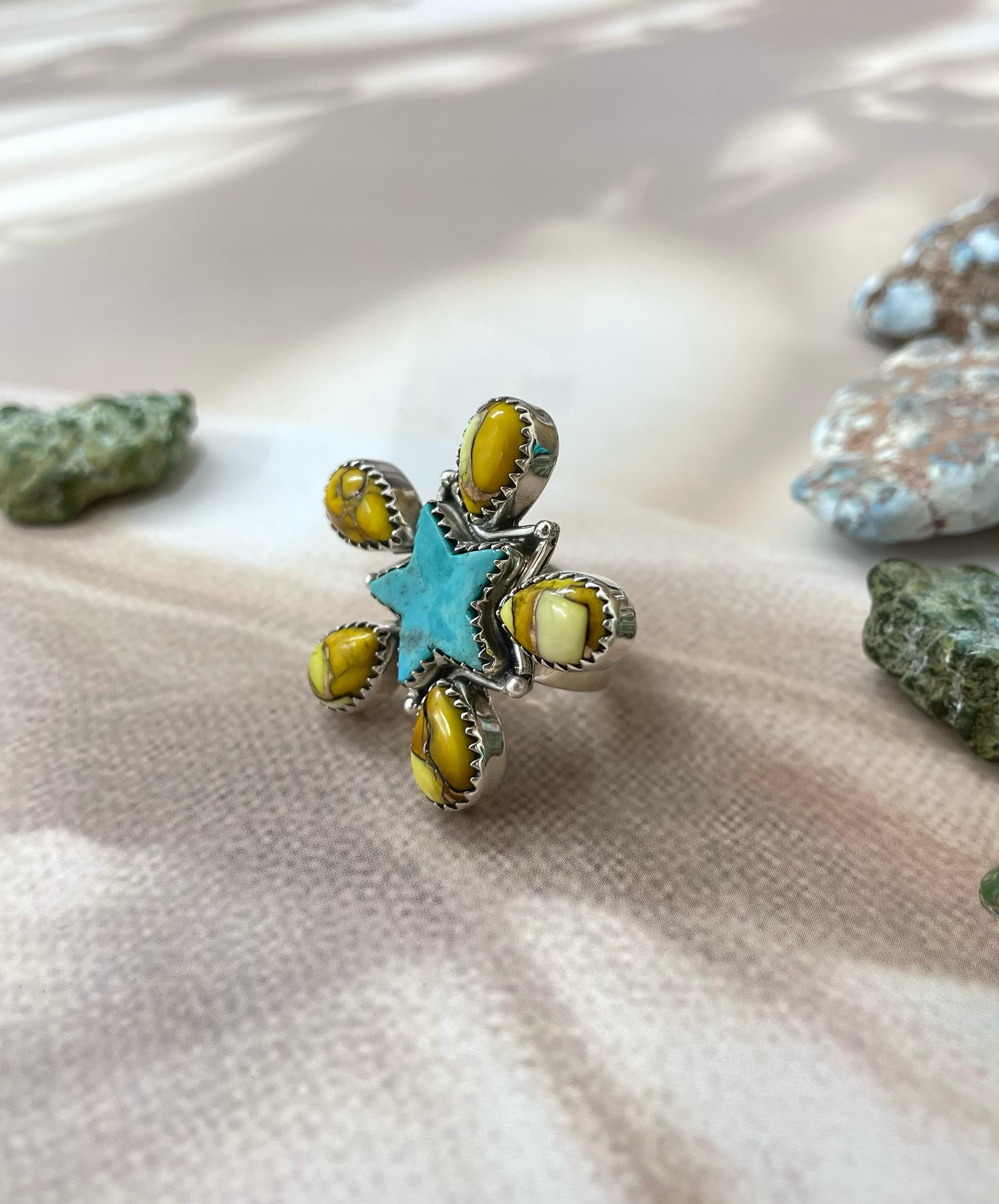 Handmade Sterling Silver Kingman Turquoise, Honey Dahlia Adjustable Ring with Signed Nizhoni