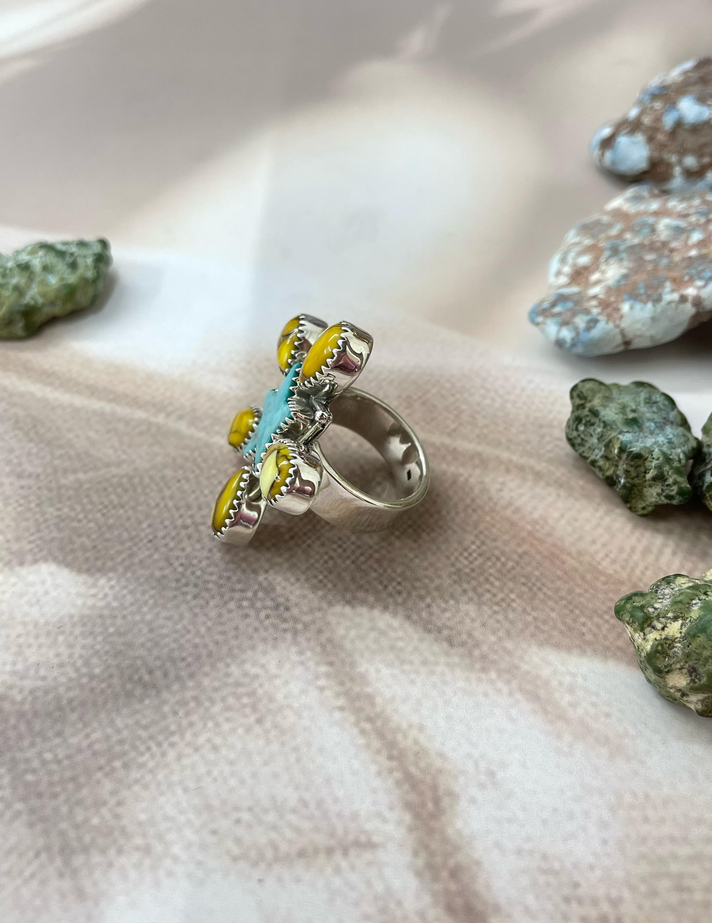 Handmade Sterling Silver Kingman Turquoise, Honey Dahlia Adjustable Ring with Signed Nizhoni