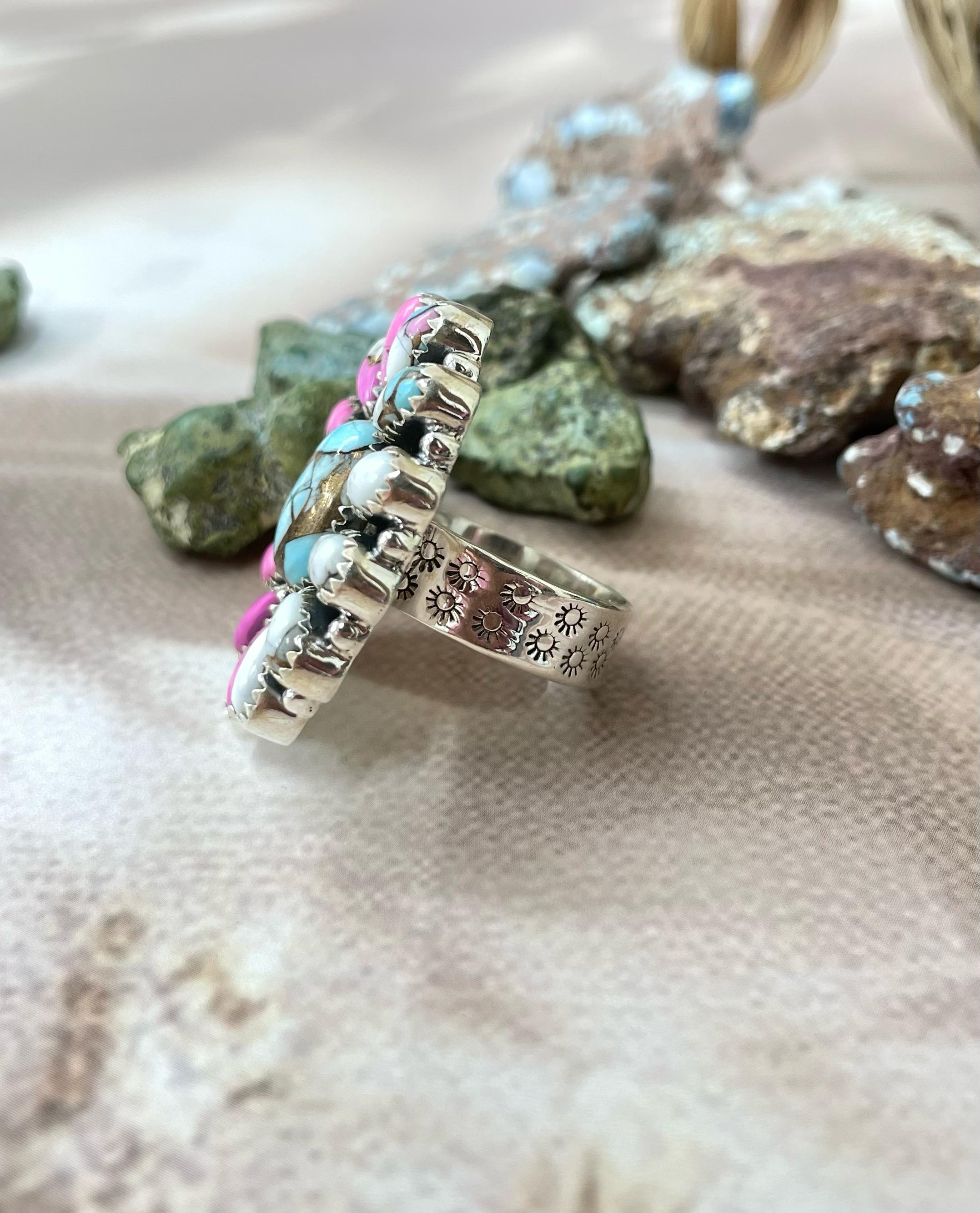 Handmade Sterling Silver Cotton Candy Turquoise Adjustable Ring with Signed Nizhoni