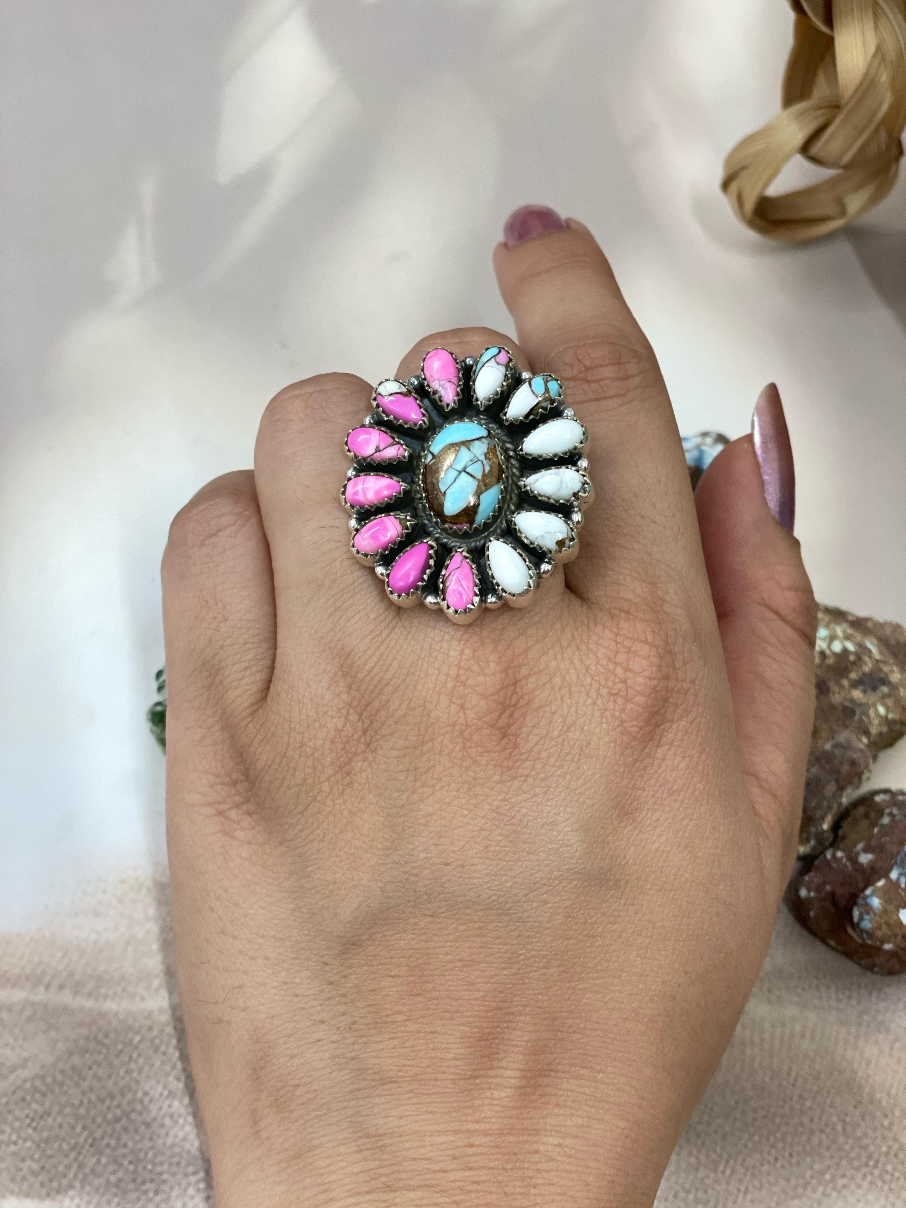 Handmade Sterling Silver Cotton Candy Turquoise Adjustable Ring with Signed Nizhoni