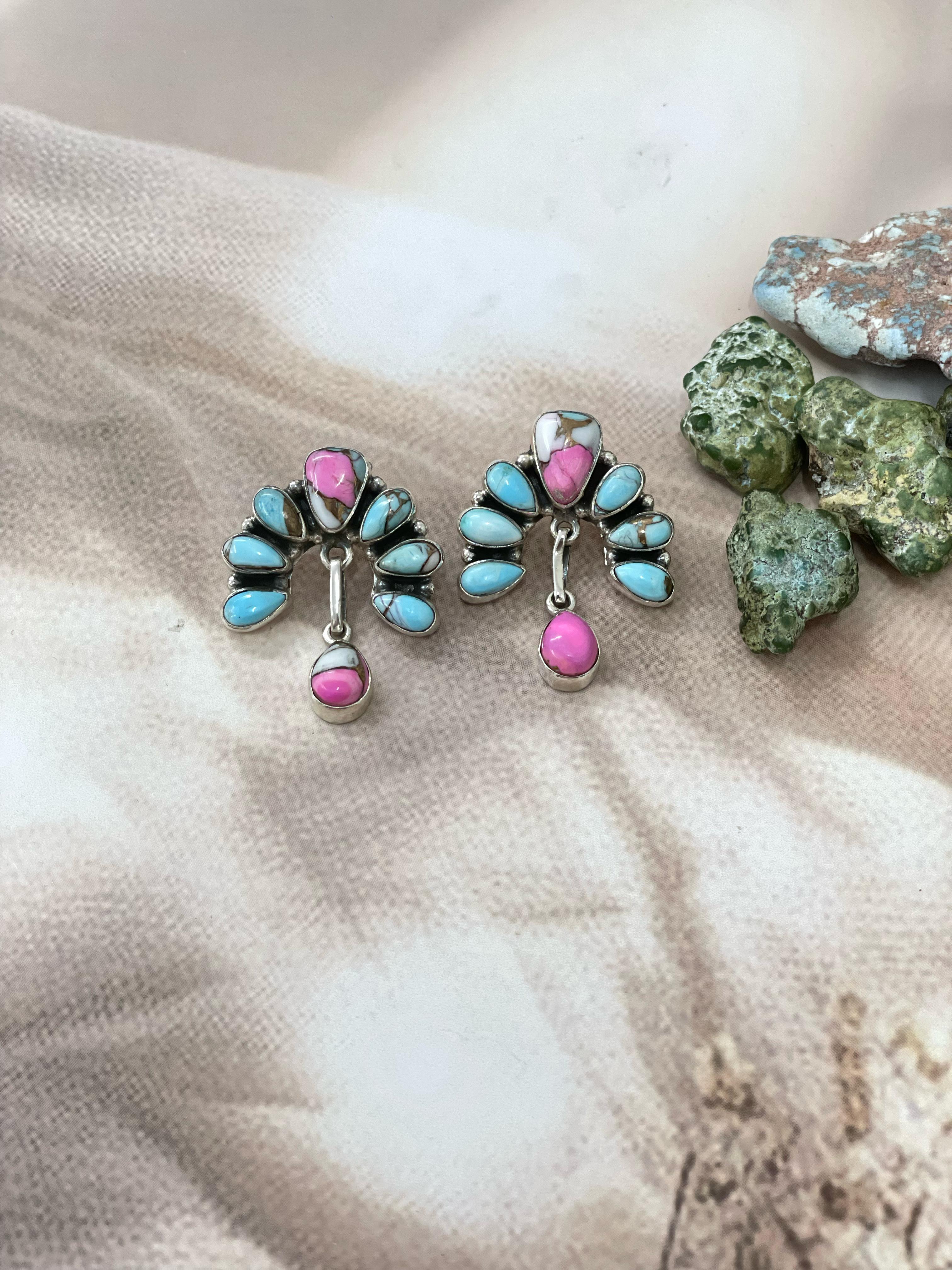 Handmade Sterling Silver Cotton Candy Turquoise Dangles Earrings with Signed Nizhoni