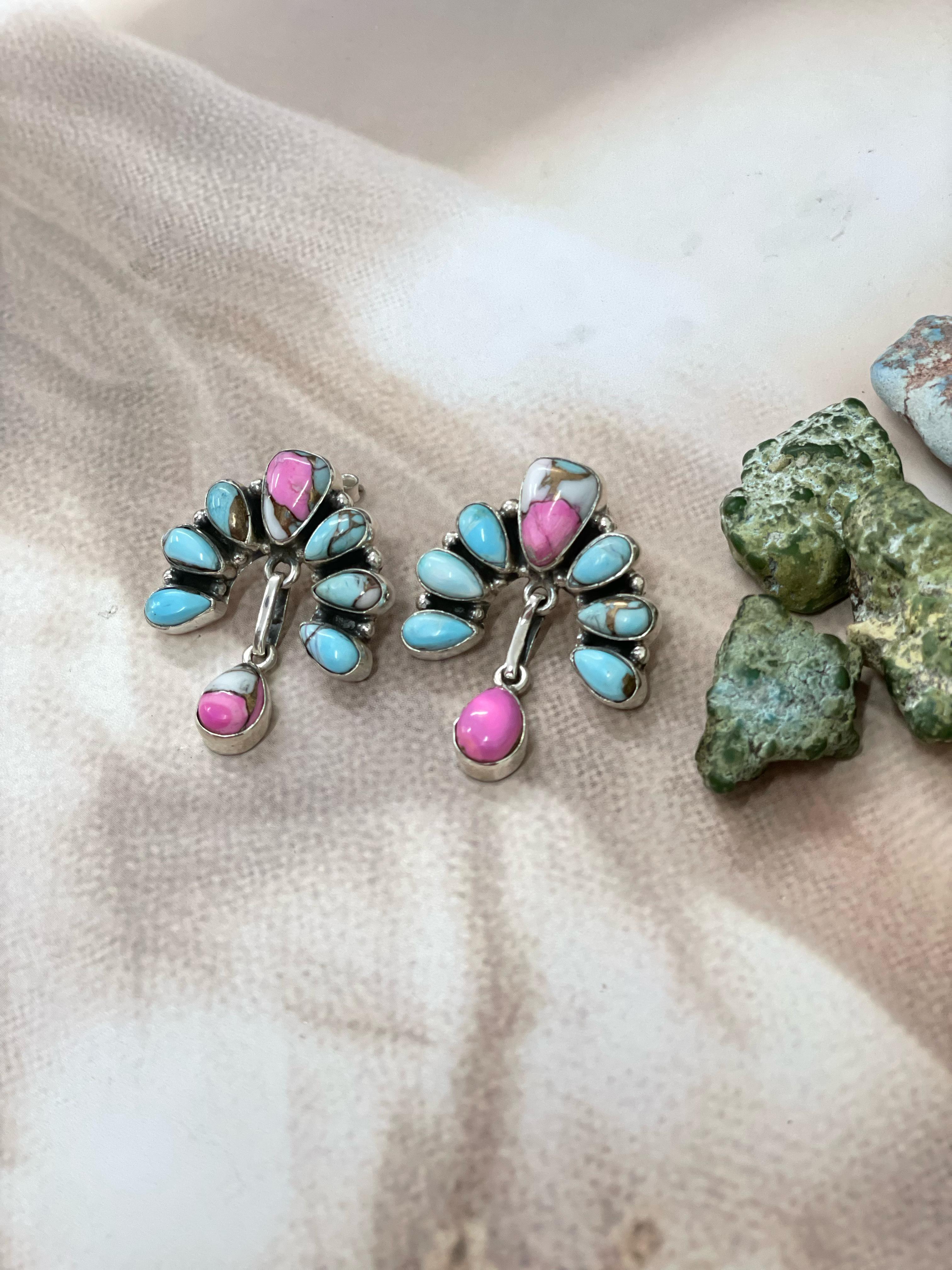 Handmade Sterling Silver Cotton Candy Turquoise Dangles Earrings with Signed Nizhoni