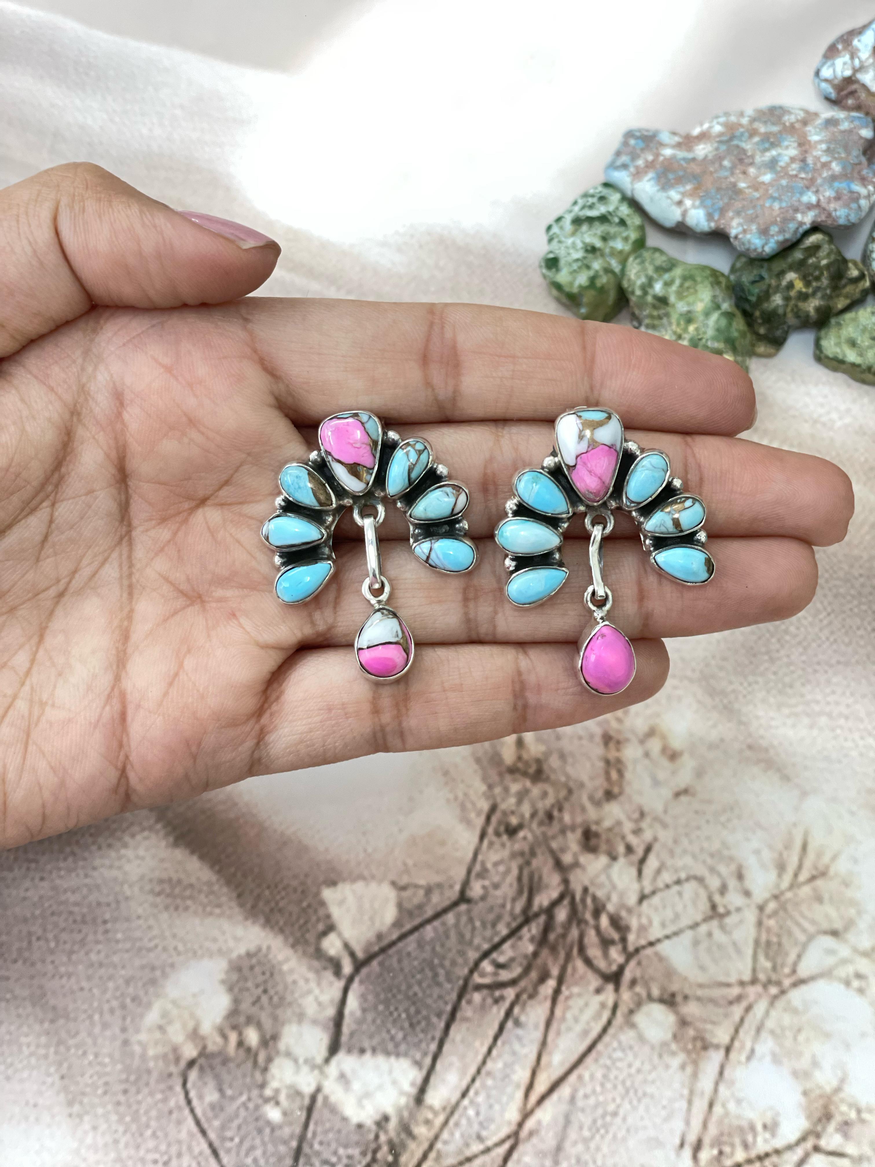 Handmade Sterling Silver Cotton Candy Turquoise Dangles Earrings with Signed Nizhoni